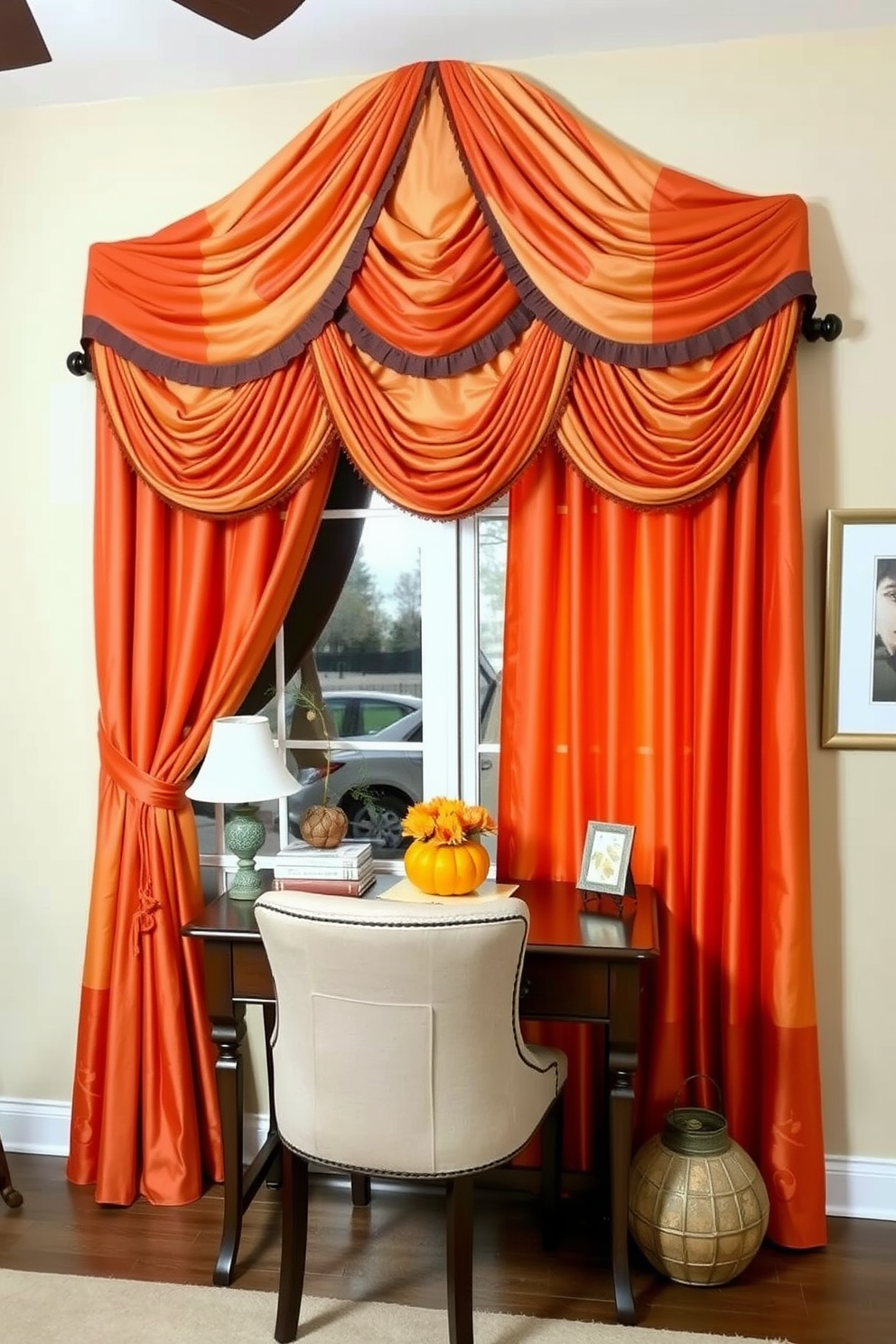 A cozy home office adorned with autumn colored curtains that drape elegantly from the window. The warm hues of orange, red, and gold create a welcoming atmosphere, enhancing the space for productivity and comfort. A sturdy wooden desk is positioned in front of the window, complemented by a plush chair upholstered in a neutral fabric. Decorative elements like a small pumpkin centerpiece and seasonal artwork add a festive touch to the overall decor.