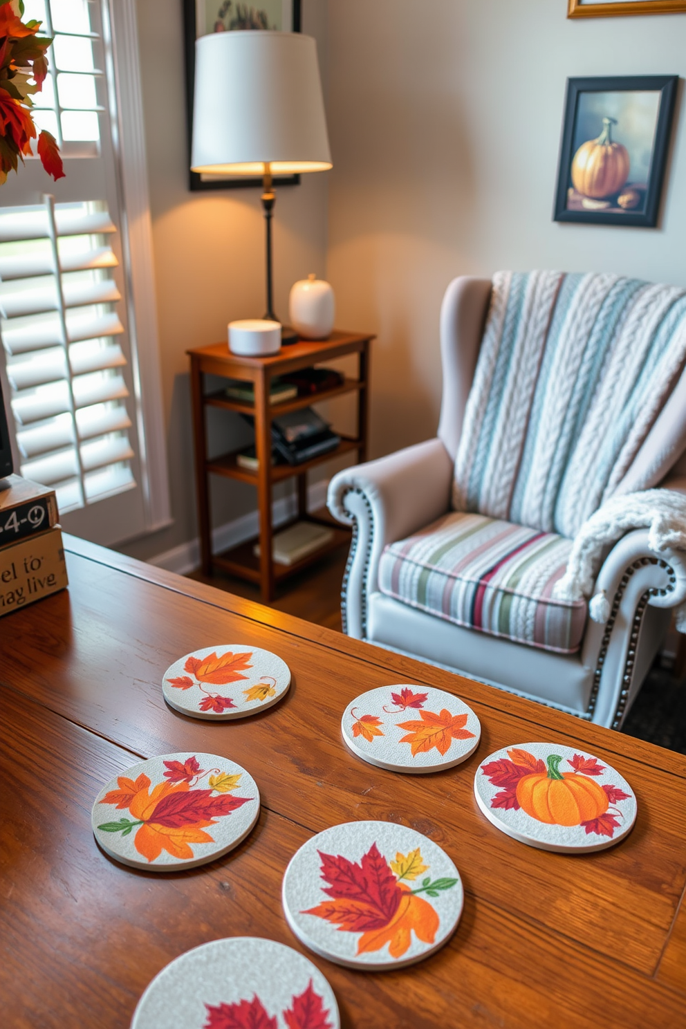 Festive coasters with fall designs are scattered across a warm wooden desk in a cozy home office. The coasters feature vibrant autumn leaves and pumpkins, adding a seasonal touch to the workspace. A plush armchair adorned with a knitted throw sits in the corner, complementing the inviting atmosphere. Soft lighting from a stylish desk lamp creates a warm glow, enhancing the Thanksgiving spirit in the room.