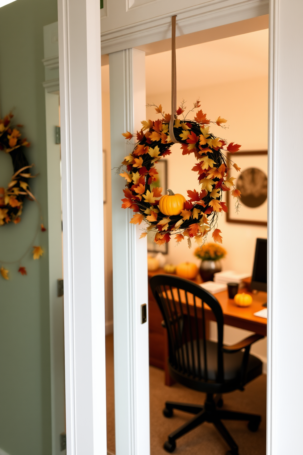 A cozy home office adorned with woven corn husk decorations on the shelves. The warm tones of the decor create a festive atmosphere, perfect for Thanksgiving celebrations.