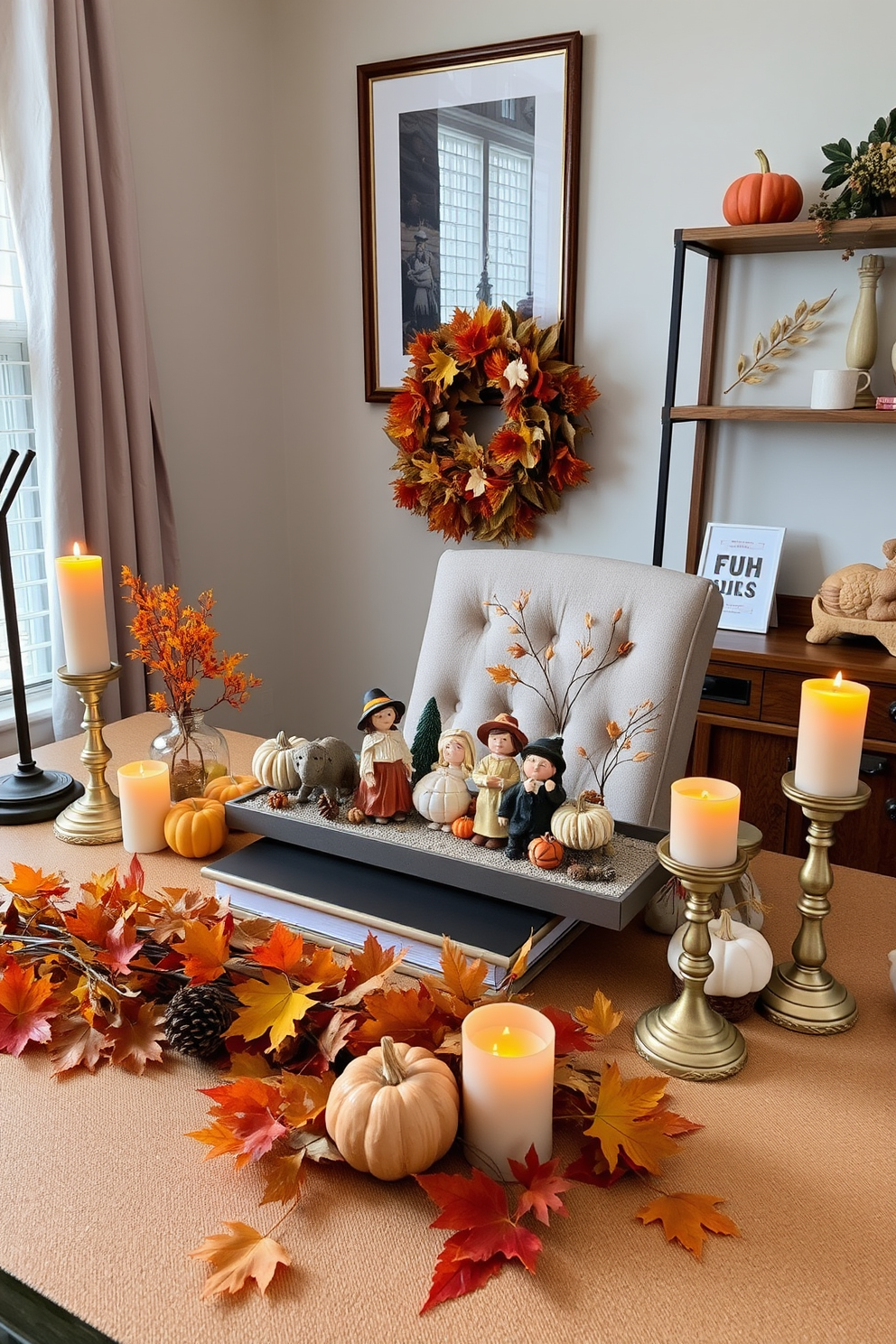 A cozy home office setup adorned with a tabletop autumn scene. The desk is decorated with small figurines representing Thanksgiving themes, surrounded by warm-toned candles and autumn leaves.