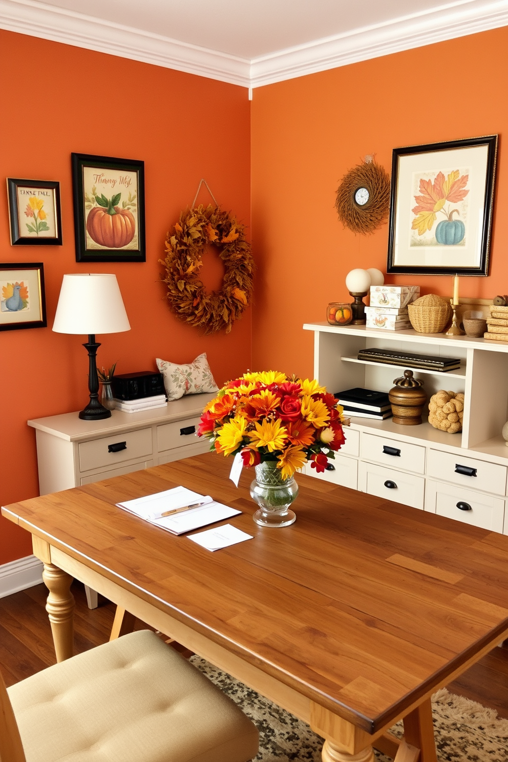 A cozy home office decorated for Thanksgiving. The walls are adorned with warm autumn colors and fall-themed artwork, while a wooden desk is styled with craft paper notes and a centerpiece of seasonal flowers.