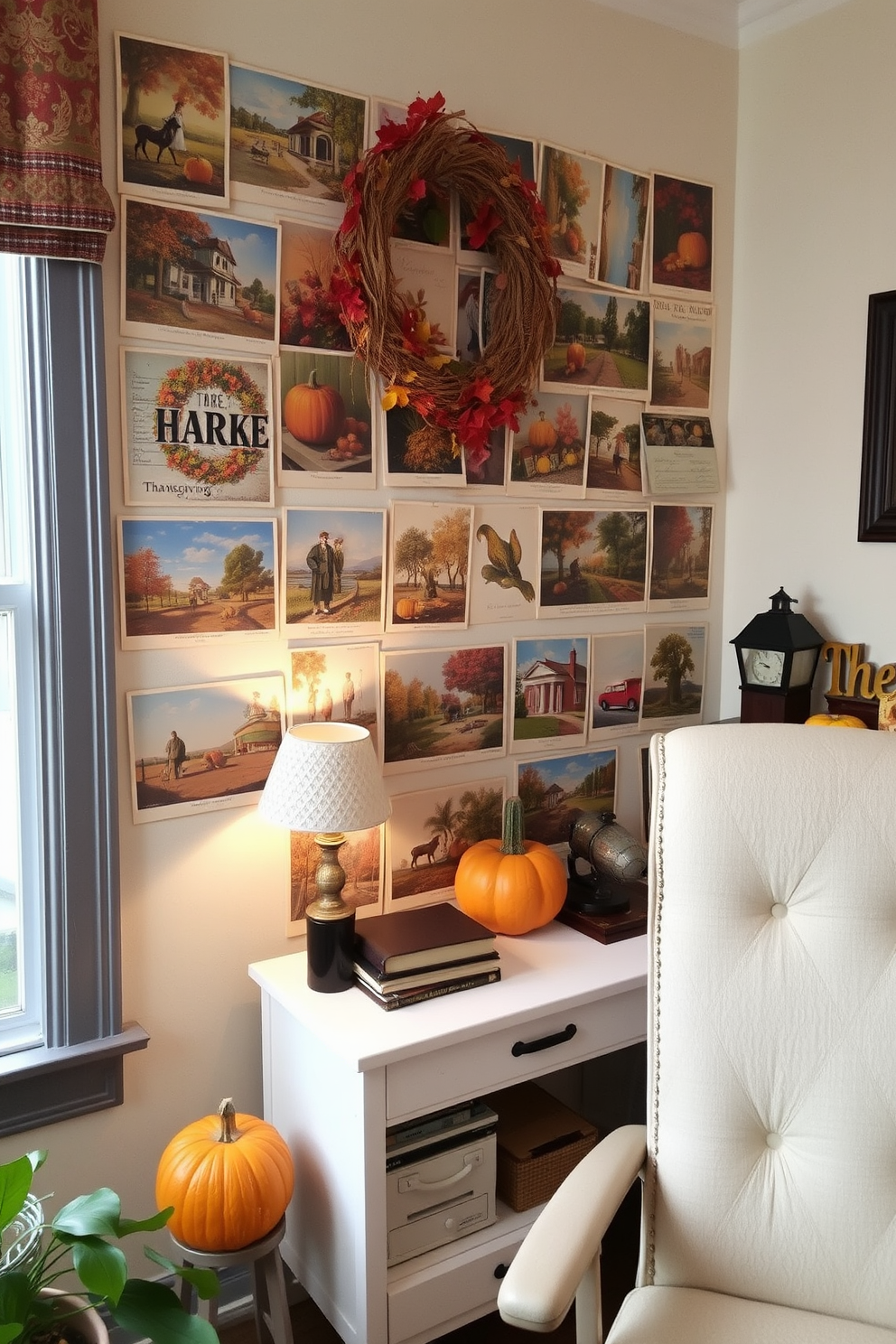 A cozy home office decorated for Thanksgiving. Vintage postcards featuring autumn scenes and Thanksgiving messages are artfully arranged on the wall, creating a warm and inviting atmosphere.