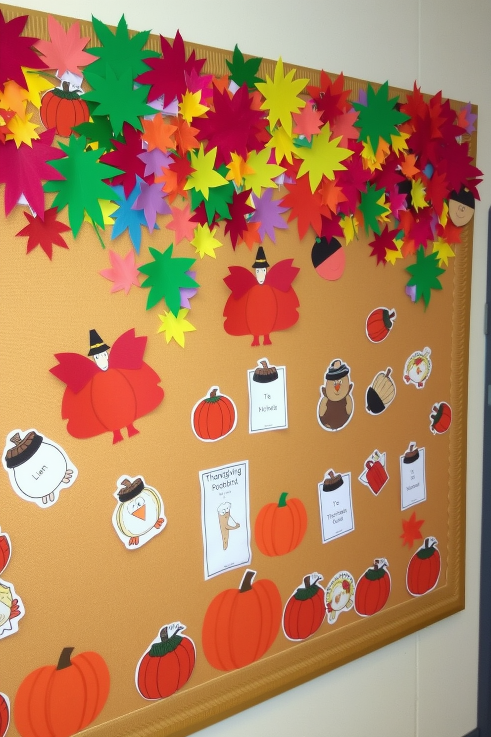 A vibrant bulletin board filled with colorful autumn leaves, pumpkins, and acorns creates a festive atmosphere. The background features a warm beige fabric, while various Thanksgiving-themed cutouts are pinned in an organized yet playful manner.