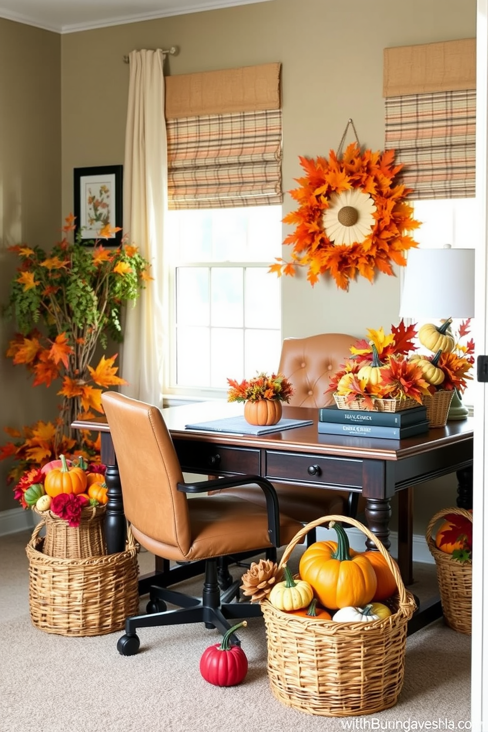 A cozy home office setting adorned with Thanksgiving-themed mugs. The mugs feature autumn leaves and pumpkin designs, placed on a wooden desk next to a steaming cup of coffee. The desk is decorated with small pumpkins and a festive table runner in warm colors. A comfortable chair with a knitted throw invites relaxation during the coffee break.