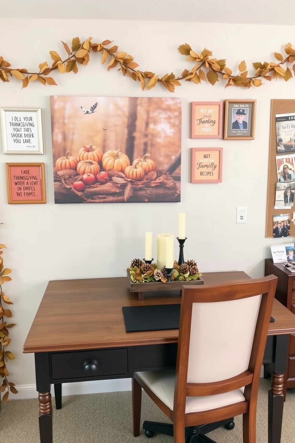 A cozy Thanksgiving themed wall art display featuring a large canvas print of a harvest scene with pumpkins and autumn leaves. Surrounding the canvas are smaller framed prints of Thanksgiving quotes in warm earth tones. A functional home office decorated for Thanksgiving with a wooden desk adorned with a seasonal centerpiece of candles and pinecones. The walls are accented with garlands of dried leaves and a bulletin board displaying family photos and Thanksgiving recipes.