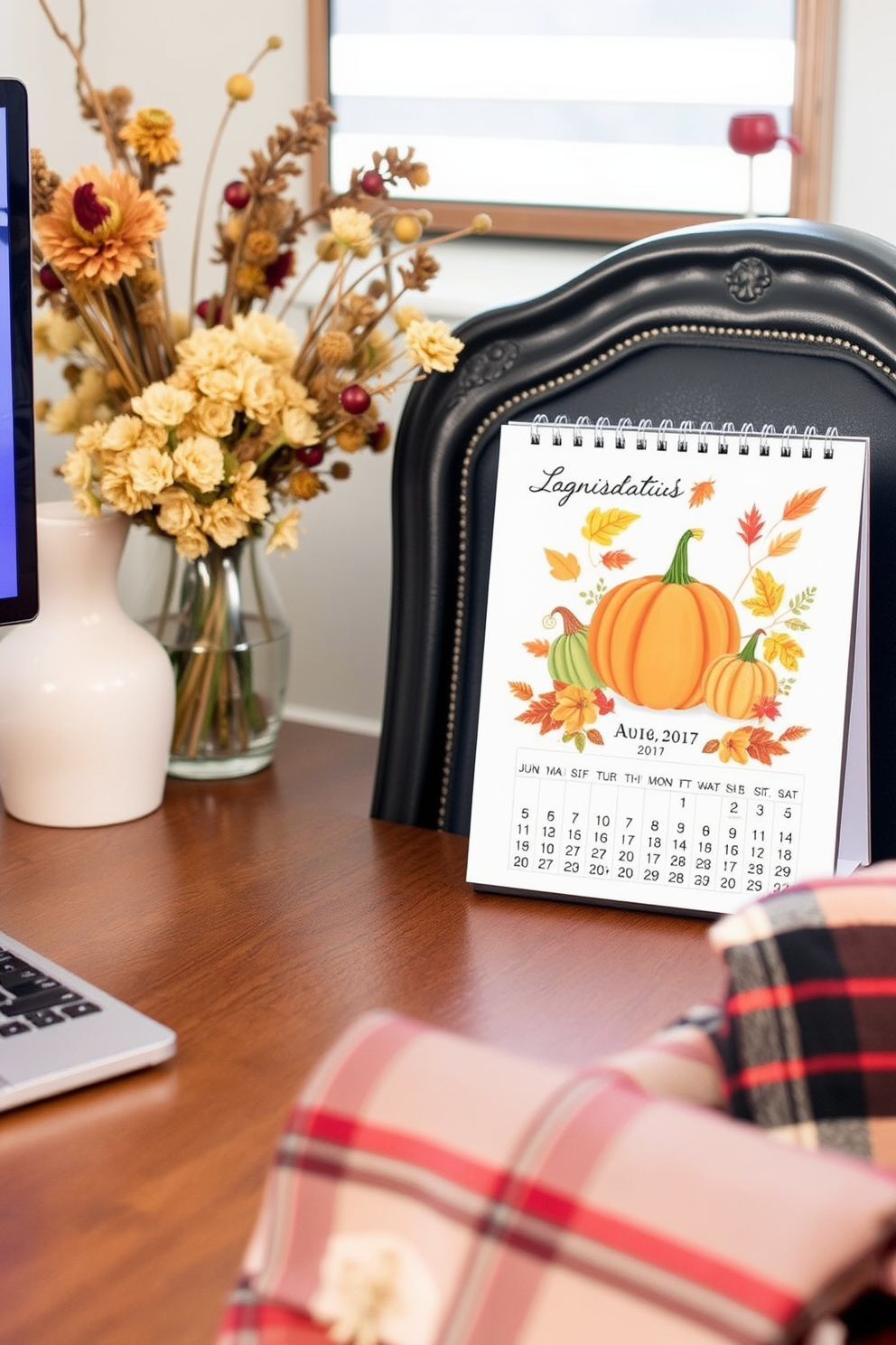 A cozy home office setting adorned with decorative lanterns that emit soft, warm light. The desk is made of reclaimed wood, complemented by a plush chair and seasonal decor that reflects the Thanksgiving spirit.