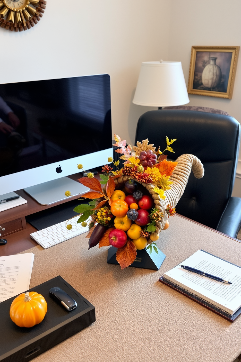 A cozy home office setting adorned with scented candles in warm fall fragrances. The desk is made of rich wood and is complemented by a plush armchair in deep burgundy fabric. On the desk, an arrangement of candles in various heights emits a soft glow, creating a welcoming atmosphere. The walls are painted in a warm taupe, and a seasonal wreath made of dried leaves and pinecones hangs above the desk.