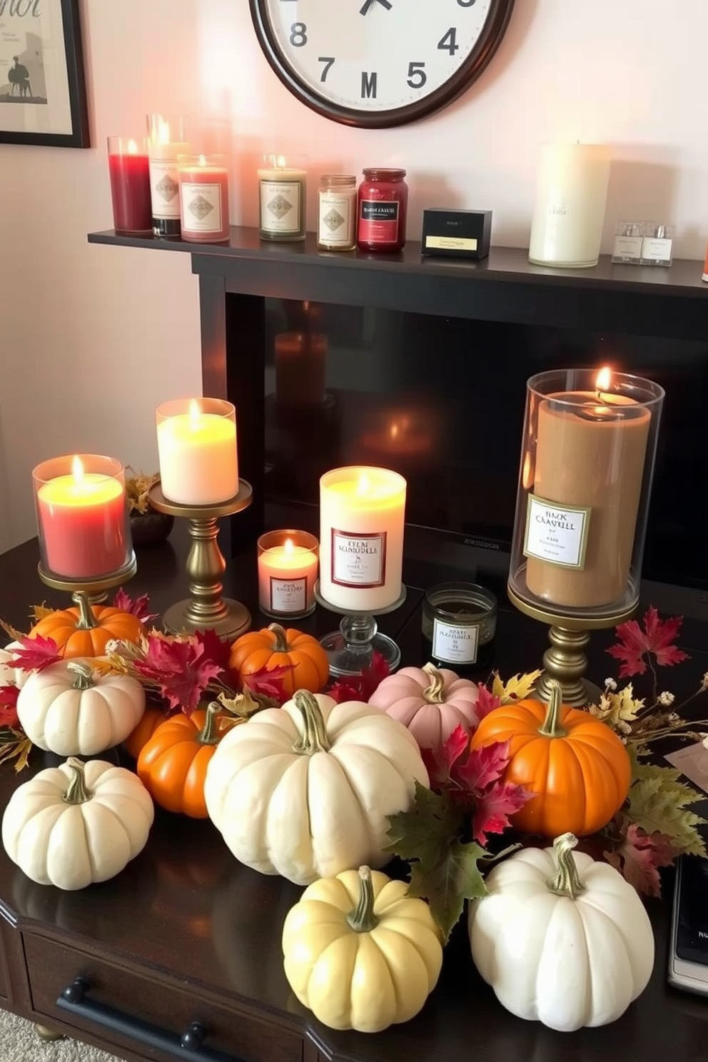 A cozy home office setting adorned with candles in rich fall scents. The desk is decorated with an assortment of pumpkins and autumn leaves, creating a warm and inviting atmosphere.