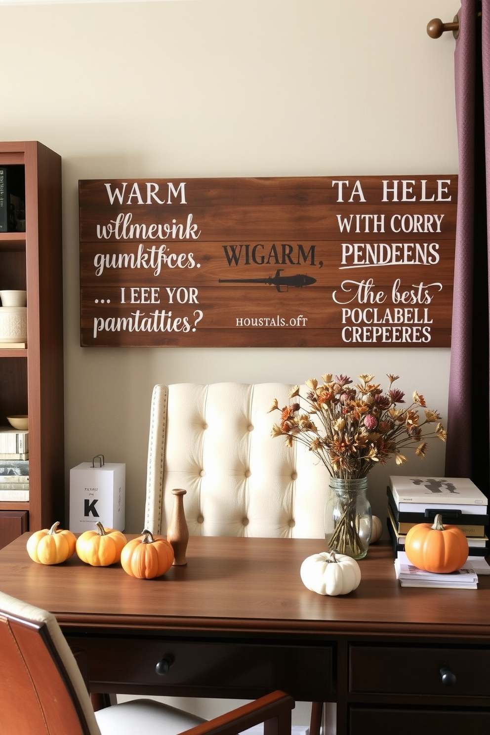 A cozy home office setting adorned with a rustic wooden sign featuring warm Thanksgiving quotes. The desk is decorated with autumn-themed accessories, including small pumpkins and a bouquet of dried flowers.