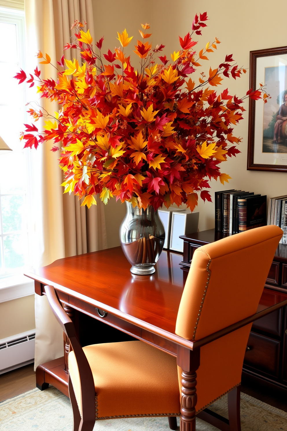 Thankful quotes elegantly displayed on floating shelves create a warm and inviting atmosphere. The shelves are adorned with a mix of framed quotes, seasonal decor, and small potted plants to enhance the Thanksgiving theme. A cozy home office setup features a wooden desk positioned near a window, allowing natural light to illuminate the space. The walls are painted in soft earth tones, complemented by a comfortable chair and decorative elements that reflect the spirit of gratitude and celebration.