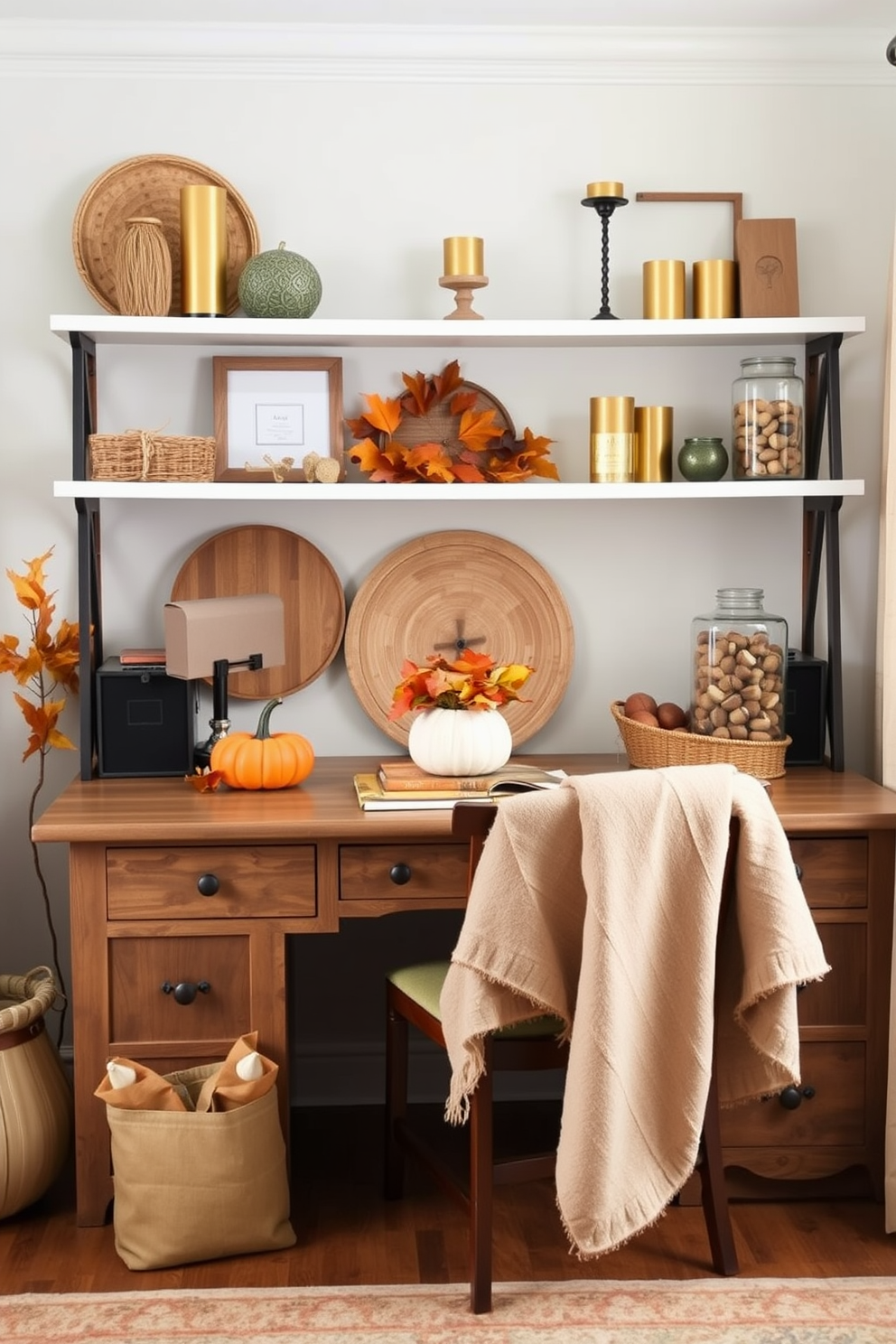 A warm and inviting home office decorated for Thanksgiving. The desk features rustic wooden accessories, including a small pumpkin centerpiece and a woven basket filled with autumn leaves. The shelves are adorned with harvest-themed supplies, such as golden candles and a collection of acorns in a glass jar. Soft, earthy tones dominate the color palette, complemented by a cozy throw blanket draped over the chair.