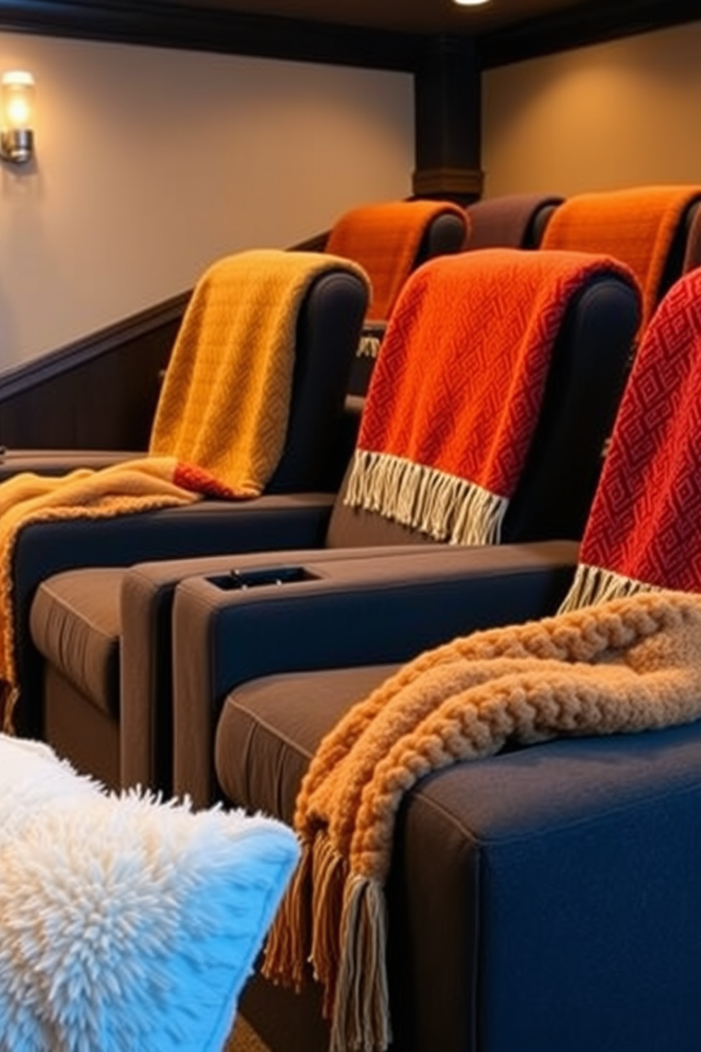 Cozy throw blankets in warm autumn colors are draped over a plush sectional sofa, inviting guests to snuggle up and enjoy the ambiance. The home theater is adorned with soft, dimmable lighting, creating a perfect atmosphere for movie nights with family and friends.