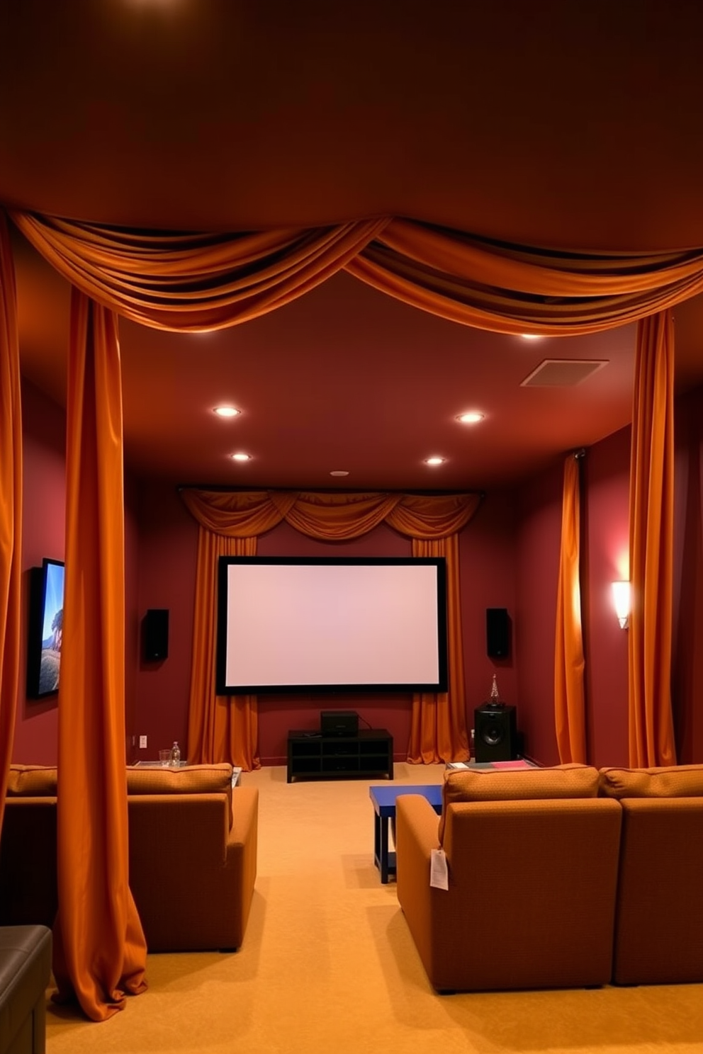 A cozy home theater setting featuring warm-colored curtains that drape elegantly from the ceiling to the floor. The walls are painted in a rich, deep hue, and comfortable seating is arranged in a semi-circle around a large screen, creating an inviting atmosphere for movie nights.