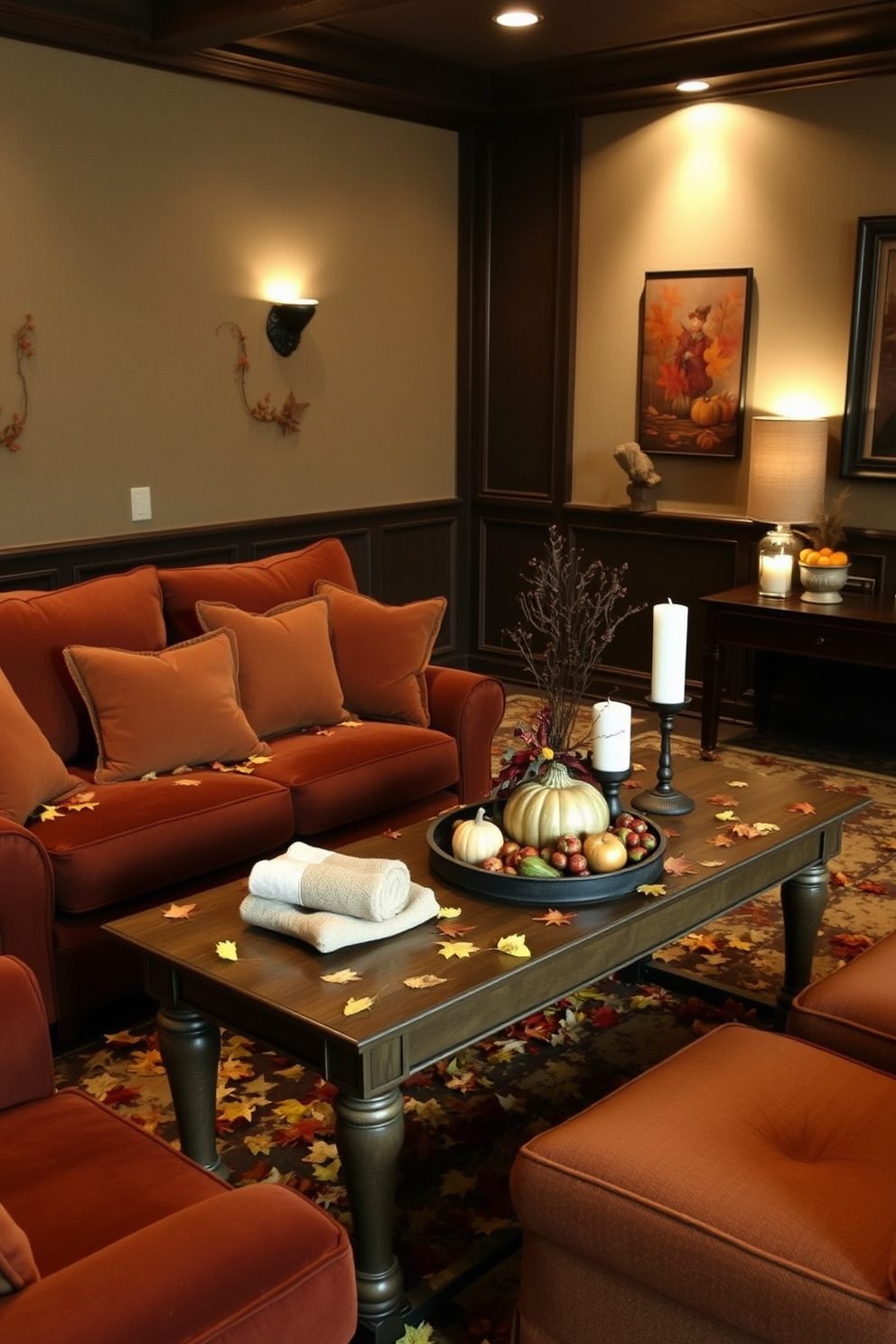 A cozy home theater adorned with autumn leaves scattered across the tables creates a warm and inviting atmosphere. Plush seating in rich, earthy tones complements the seasonal decor, while soft lighting enhances the overall ambiance. Thanksgiving-themed decorations, including rustic centerpieces and candles, add a touch of elegance to the space. The walls are adorned with subtle autumn artwork, creating a harmonious blend of comfort and style.