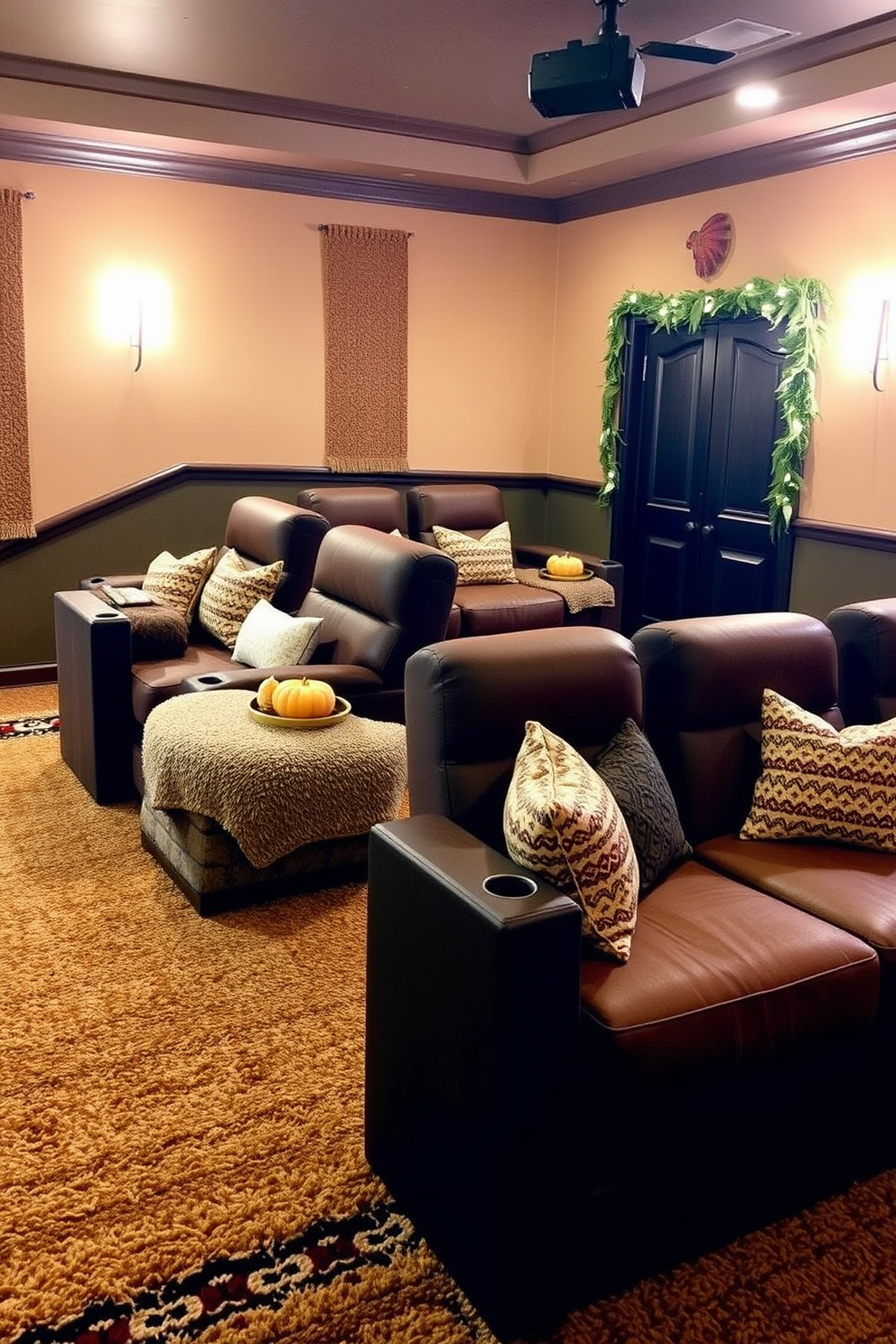 Textured rugs in earthy tones create a warm and inviting atmosphere in the home theater. The rugs complement the rich color palette of deep browns and greens, enhancing the overall comfort of the space. Thanksgiving home theater decorating ideas include plush seating adorned with seasonal throw pillows. Incorporate autumn-themed decor such as pumpkins and garlands to bring a festive touch to the cinematic experience.