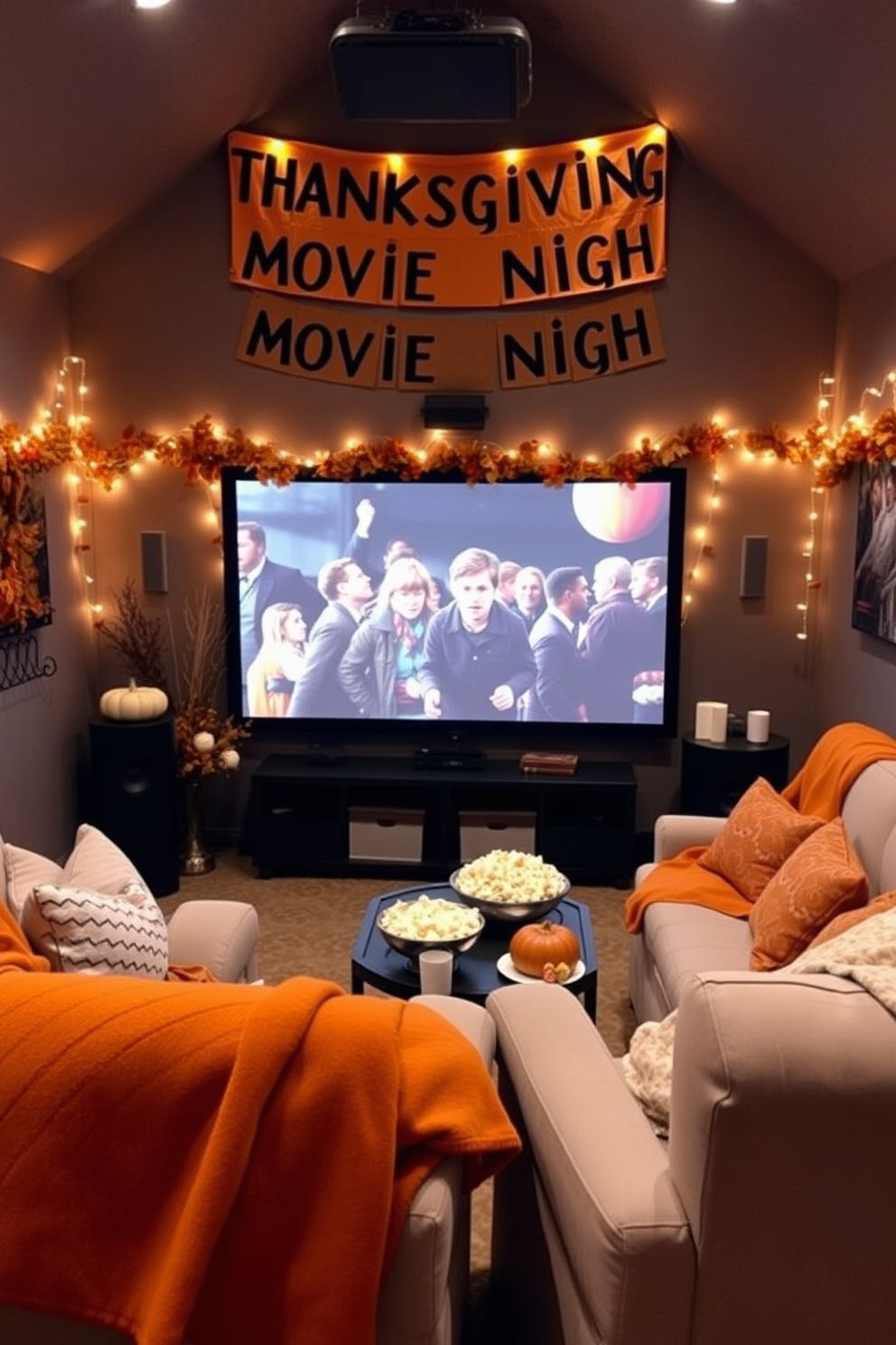 A cozy home theater setting designed for a Thanksgiving movie night. The walls are adorned with a festive banner that reads Thanksgiving Movie Night, surrounded by warm string lights and autumn-themed decorations. Plush seating is arranged in a semi-circle, with soft throw blankets in shades of orange and gold draped over the chairs. A large screen displays a classic holiday film, while a table nearby is set with popcorn, pumpkin pie, and seasonal snacks for guests to enjoy.