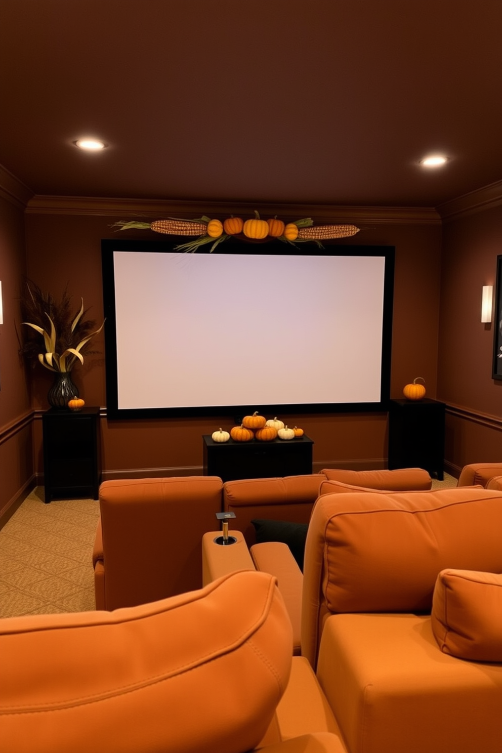 A warm and inviting home theater adorned with a decorative corn and gourds display for Thanksgiving. The walls are painted in a rich, earthy tone, and plush seating is arranged for optimal viewing comfort.