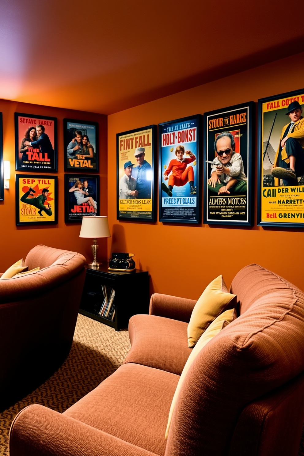 A cozy home theater adorned with vintage movie posters in warm fall colors. The walls are painted in a rich amber hue, and plush seating is arranged for optimal viewing comfort.