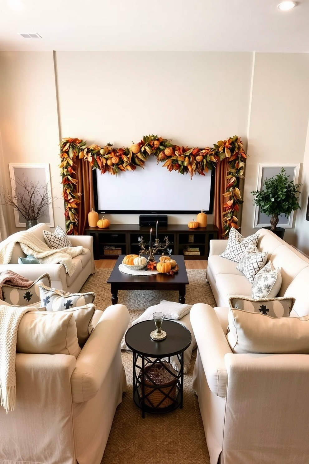 Snug seating arrangements with blankets create a cozy atmosphere perfect for family gatherings. Plush armchairs and a soft sectional sofa are arranged around a central coffee table adorned with seasonal decorations. Thanksgiving home theater decorating ideas involve warm lighting and festive accents. A large screen is framed by autumn-themed garlands and pumpkins, while comfortable seating is layered with soft throws and decorative cushions.