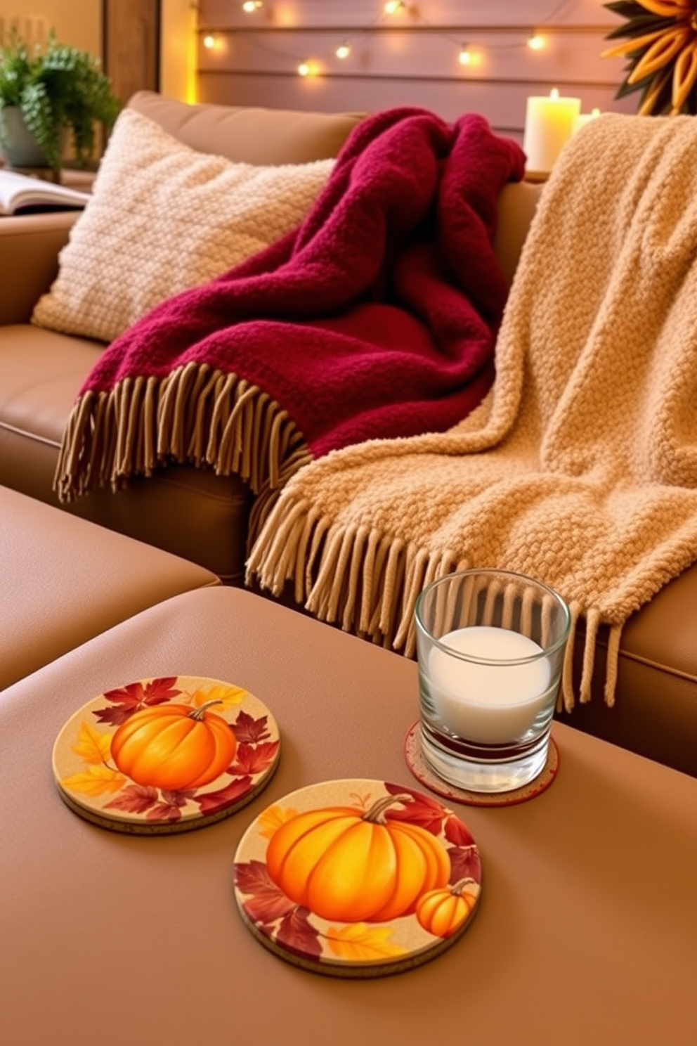 Thanksgiving themed coasters for drinks featuring autumn leaves and pumpkins in warm earthy tones. Each coaster is round with a cork backing and a glossy finish to protect against moisture. Thanksgiving home theater decorating ideas include plush throw blankets in rich burgundy and gold hues draped over the seating. Soft ambient lighting is created with string lights and candles to enhance the cozy atmosphere.