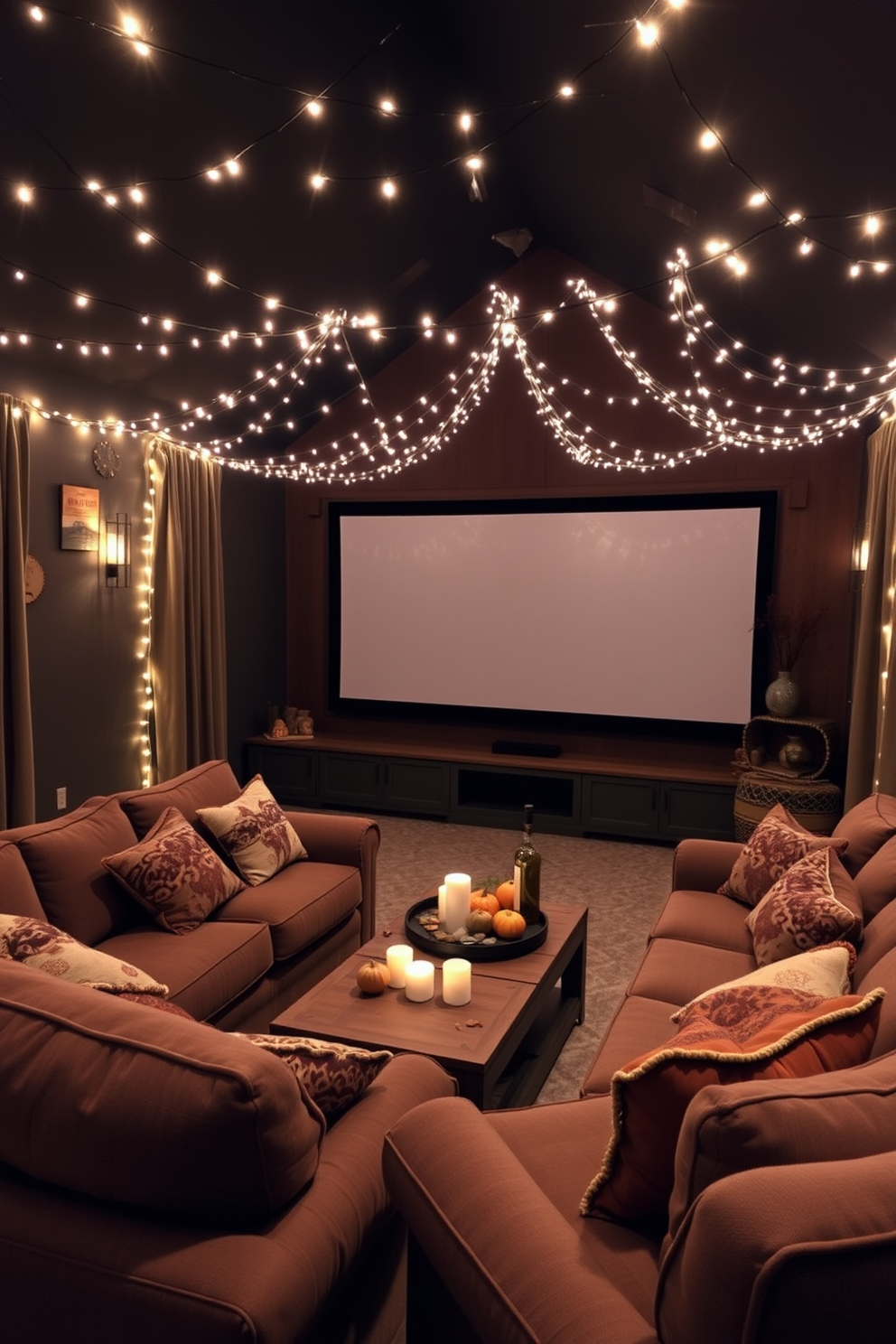 Create a cozy home theater setting ideal for Thanksgiving gatherings. String lights are draped across the ceiling, casting a warm and festive glow throughout the room. The seating area features plush, oversized sofas arranged around a large screen. Decorative pillows in autumn colors enhance the inviting atmosphere, while a rustic coffee table holds seasonal snacks and drinks.