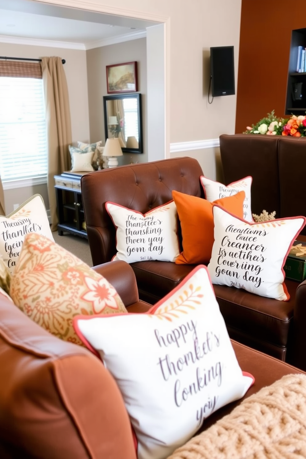 A stunning cornucopia centerpiece sits elegantly on the coffee table filled with vibrant seasonal fruits and vegetables. Surrounding the centerpiece are warm candle arrangements that create a cozy atmosphere for Thanksgiving gatherings. The home theater is adorned with plush seating in rich earth tones to enhance comfort and style. Soft, ambient lighting complements the space, while decorative throw pillows add a festive touch for the holiday season.