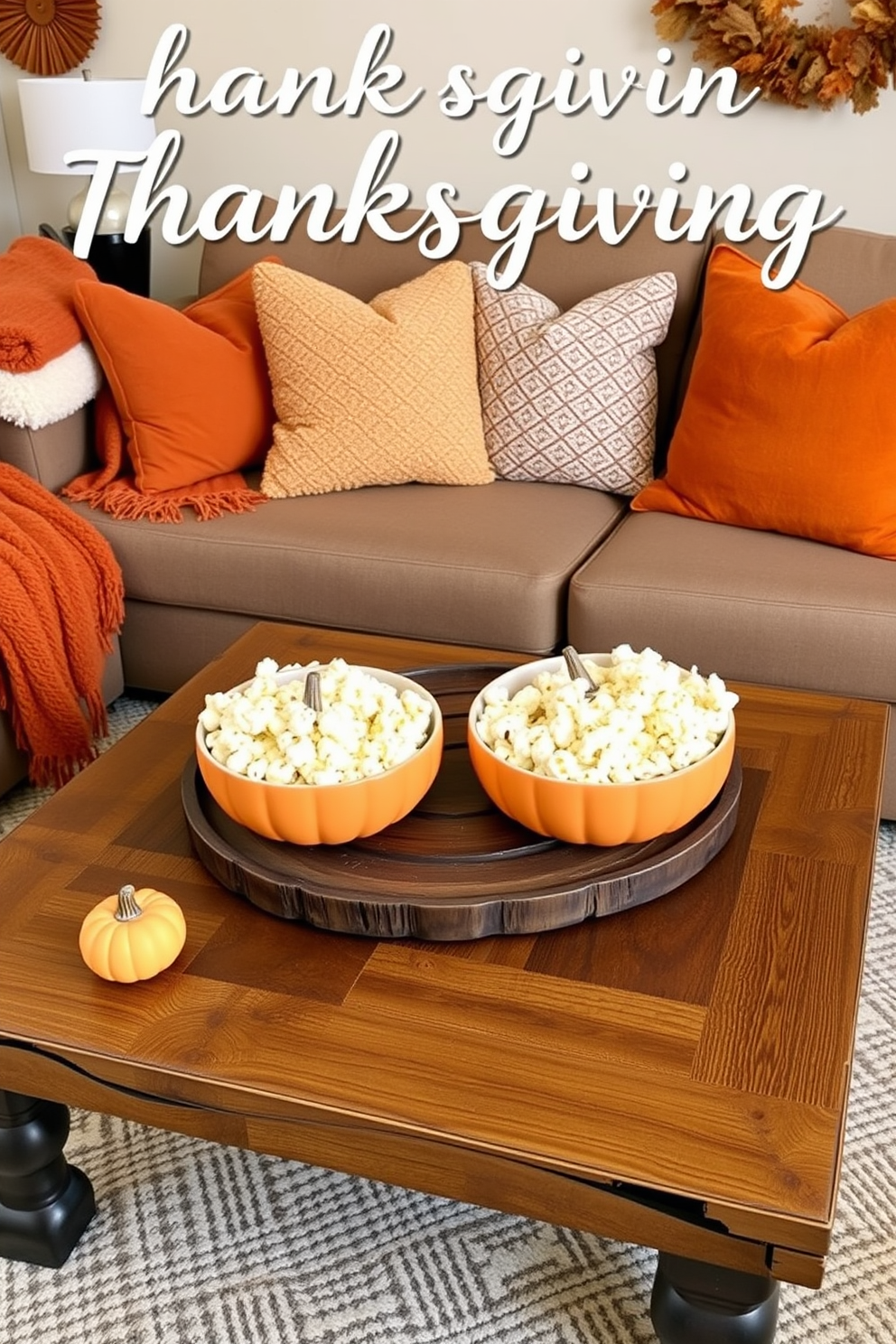 A cozy home theater setup for Thanksgiving features pumpkin-themed popcorn bowls placed on a rustic wooden coffee table. The room is adorned with warm, autumnal decorations including soft throw blankets and plush cushions in shades of orange and brown.