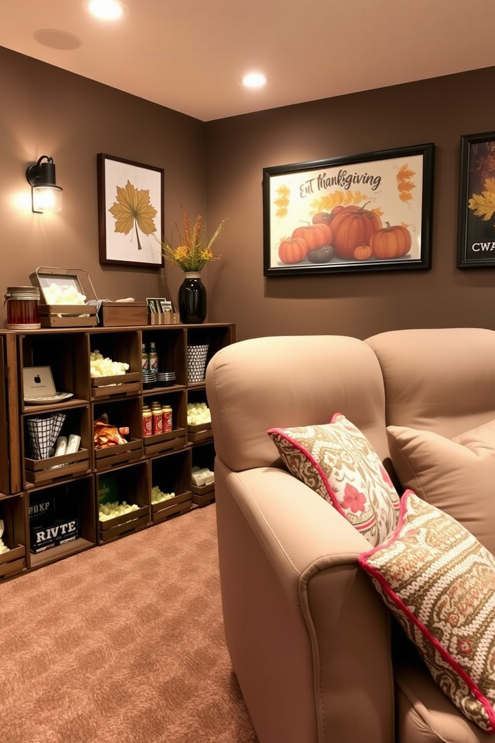 Design a cozy home theater space featuring wooden crates used for snack storage. The crates are arranged in a stylish manner, adding a rustic charm while providing easy access to popcorn and treats. Incorporate warm lighting to create an inviting atmosphere, with plush seating positioned for optimal viewing. Decorate the walls with autumn-themed artwork to enhance the Thanksgiving vibe.