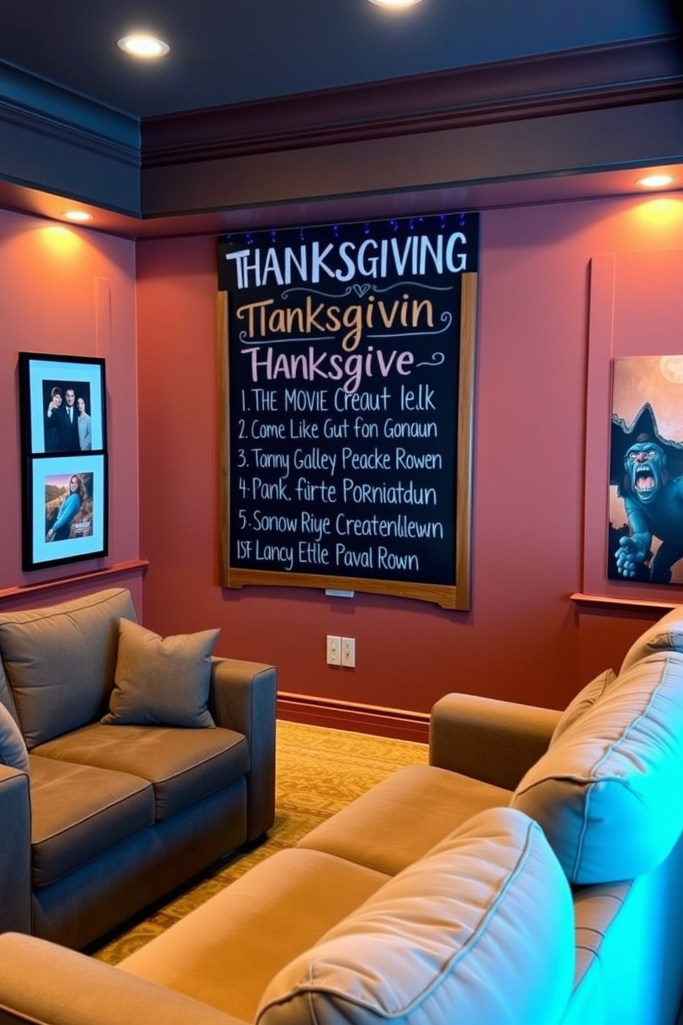 A cozy home theater setting featuring a large chalkboard sign displaying the movie lineup for Thanksgiving. The walls are adorned with warm, inviting colors and plush seating arranged for comfort, complemented by soft ambient lighting.