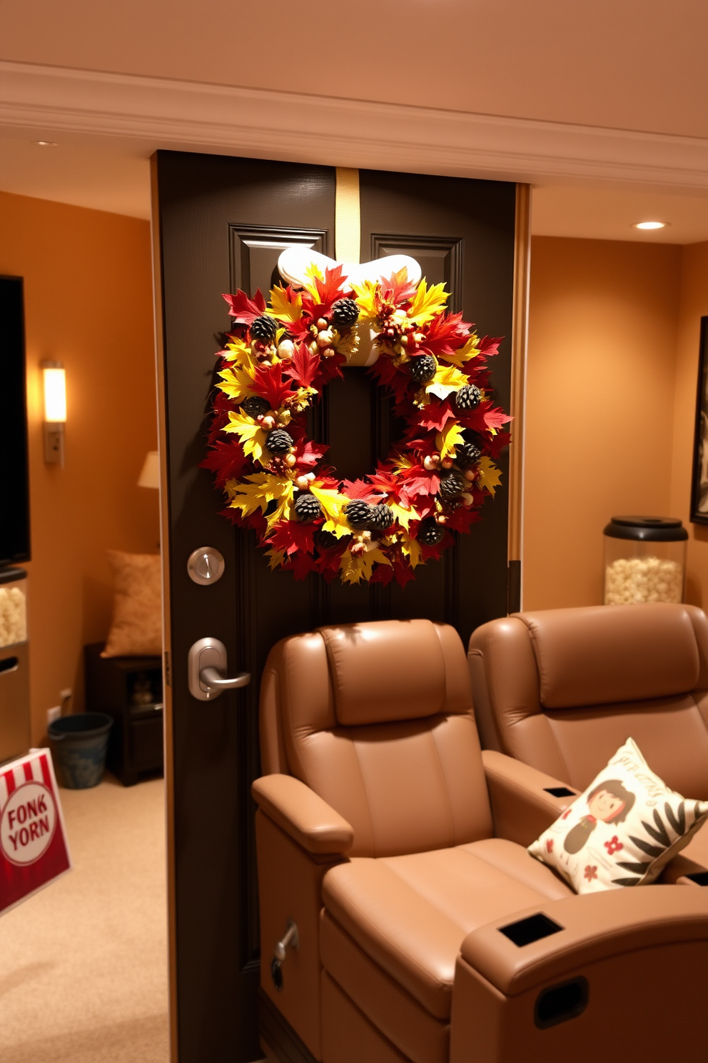 A beautifully crafted seasonal wreath adorns the front door, made of vibrant autumn leaves, pinecones, and berries. The warm colors invite guests into a cozy home filled with the spirit of Thanksgiving. The home theater is designed with plush reclining seats arranged for optimal viewing, surrounded by soft ambient lighting. Decorated with themed cushions and a popcorn machine, it creates an inviting atmosphere for family movie nights.