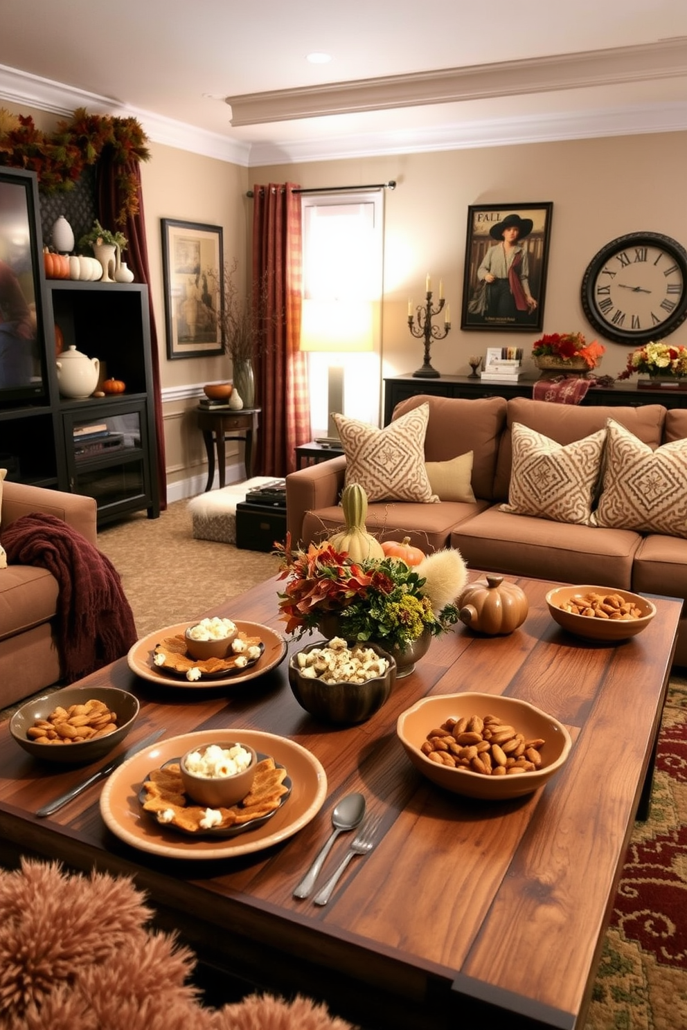 A cozy home theater adorned with fall-themed decorations. The space features rich, warm colors with plush seating and a rustic wooden coffee table set with beautiful tableware for snacks. The tableware includes earthy-toned plates and bowls filled with seasonal snacks like caramel popcorn and spiced nuts. Soft, ambient lighting enhances the inviting atmosphere, perfect for a Thanksgiving gathering.