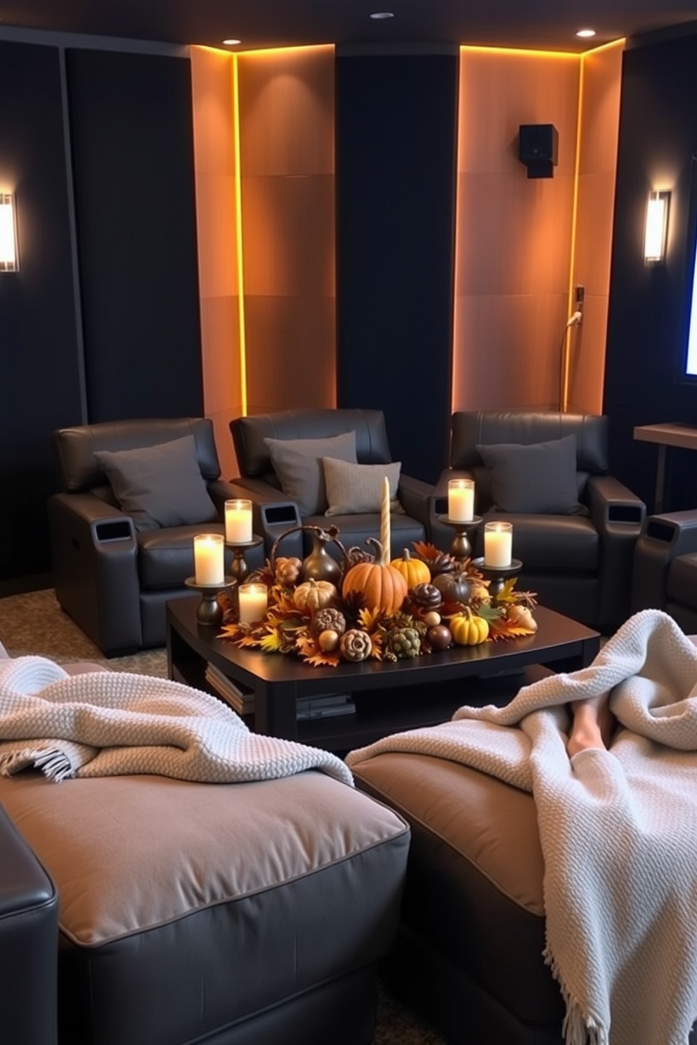 A cozy home theater setup featuring plush cushioned footrests that provide ultimate comfort for movie nights. The walls are adorned with dark acoustic panels, and ambient lighting creates a warm and inviting atmosphere. Thanksgiving decorations include a large harvest-themed centerpiece on the coffee table, surrounded by candles and autumn leaves. Soft, warm blankets are draped over the footrests, inviting guests to relax and enjoy the festive ambiance.