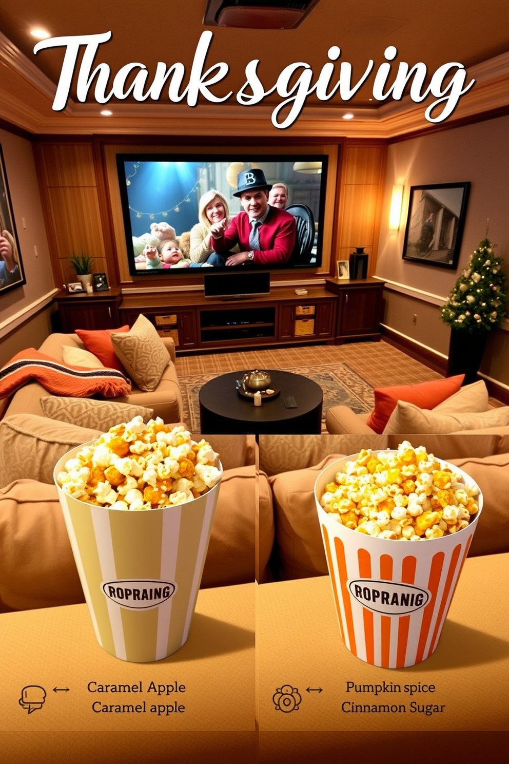 A cozy home theater setup for Thanksgiving. The room features plush seating with warm throw blankets and a large screen displaying a festive movie. Creative popcorn flavors inspired by the season. Offer a selection including caramel apple, pumpkin spice, and cinnamon sugar to enhance the festive experience.