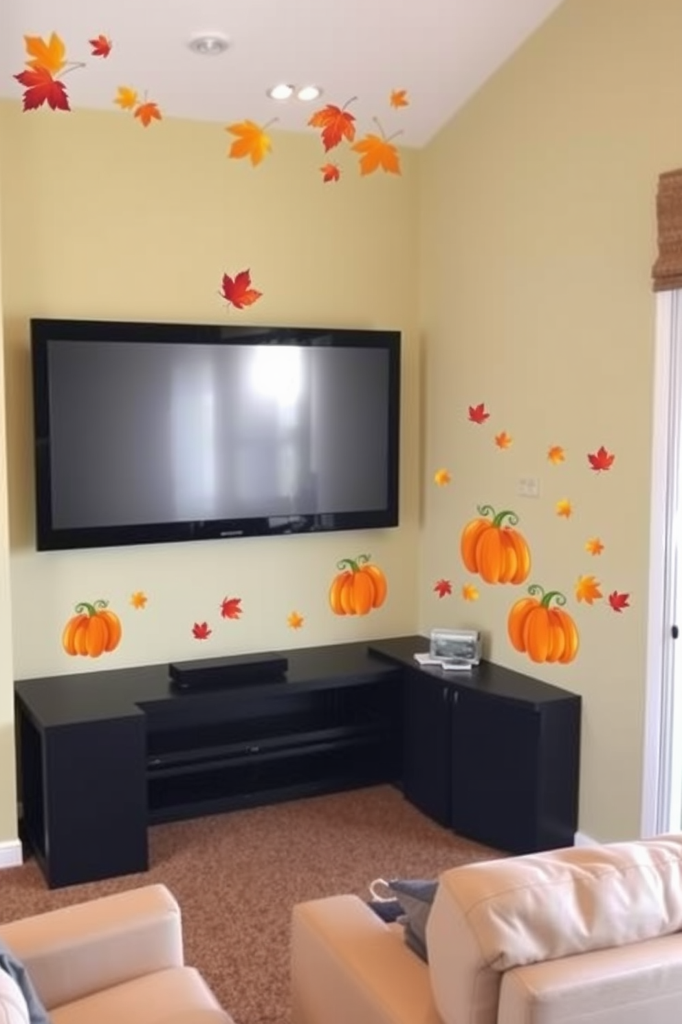 Colorful autumn-themed wall decals adorn the walls of a cozy home theater. The decals feature vibrant leaves, pumpkins, and festive motifs that create a warm and inviting atmosphere for Thanksgiving gatherings.