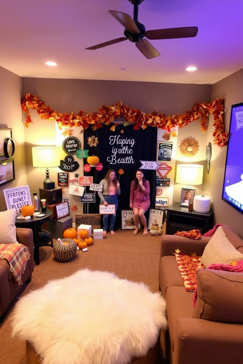 A cozy DIY photo booth is set up in a warm, inviting space. It features a backdrop adorned with autumn leaves and pumpkins, surrounded by various Thanksgiving props like hats, signs, and festive decorations. The home theater is transformed into a Thanksgiving haven with plush seating and warm lighting. Decorate with garlands of leaves and cozy throws, creating an atmosphere perfect for family movie nights.