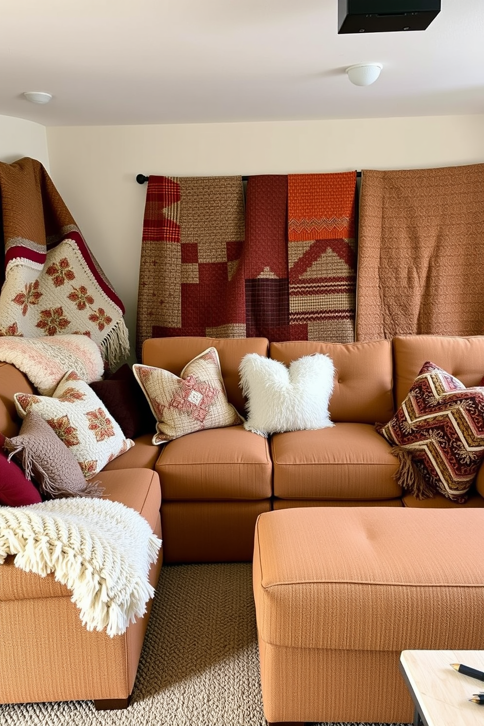 A cozy home theater setting adorned with layered textures featuring plush quilts and soft throws. The seating area includes a large sectional sofa covered in a warm fabric, complemented by a variety of decorative pillows in autumnal colors.