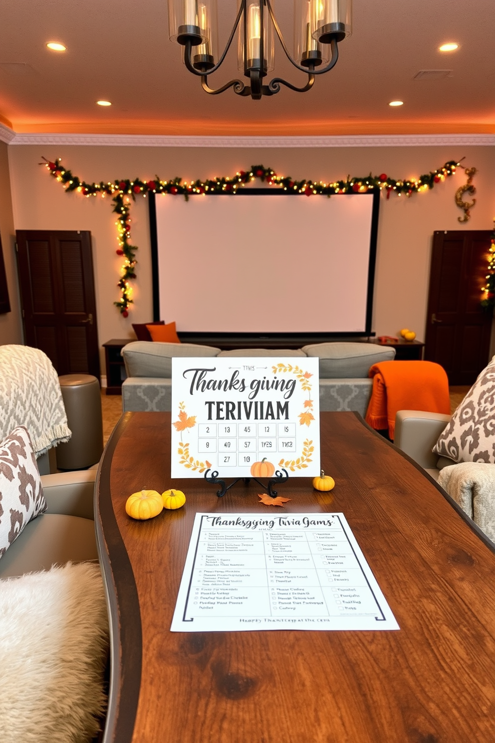 A Thanksgiving trivia game is elegantly displayed on a rustic wooden table. The table is adorned with autumn-themed decorations, including mini pumpkins and colorful leaves. The home theater is designed with plush seating and warm lighting for a cozy atmosphere. Soft throw blankets and decorative pillows enhance the inviting look, while a large screen is framed by festive garlands.