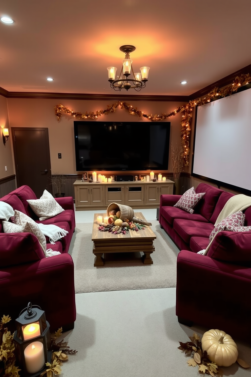 Create a cozy home theater setting that exudes warmth and comfort. Incorporate cinnamon-scented candles placed strategically around the room to enhance the ambiance. Design a plush seating area with oversized sofas and soft throw blankets. Use rich, earthy tones in the decor to complement the inviting atmosphere for Thanksgiving gatherings.