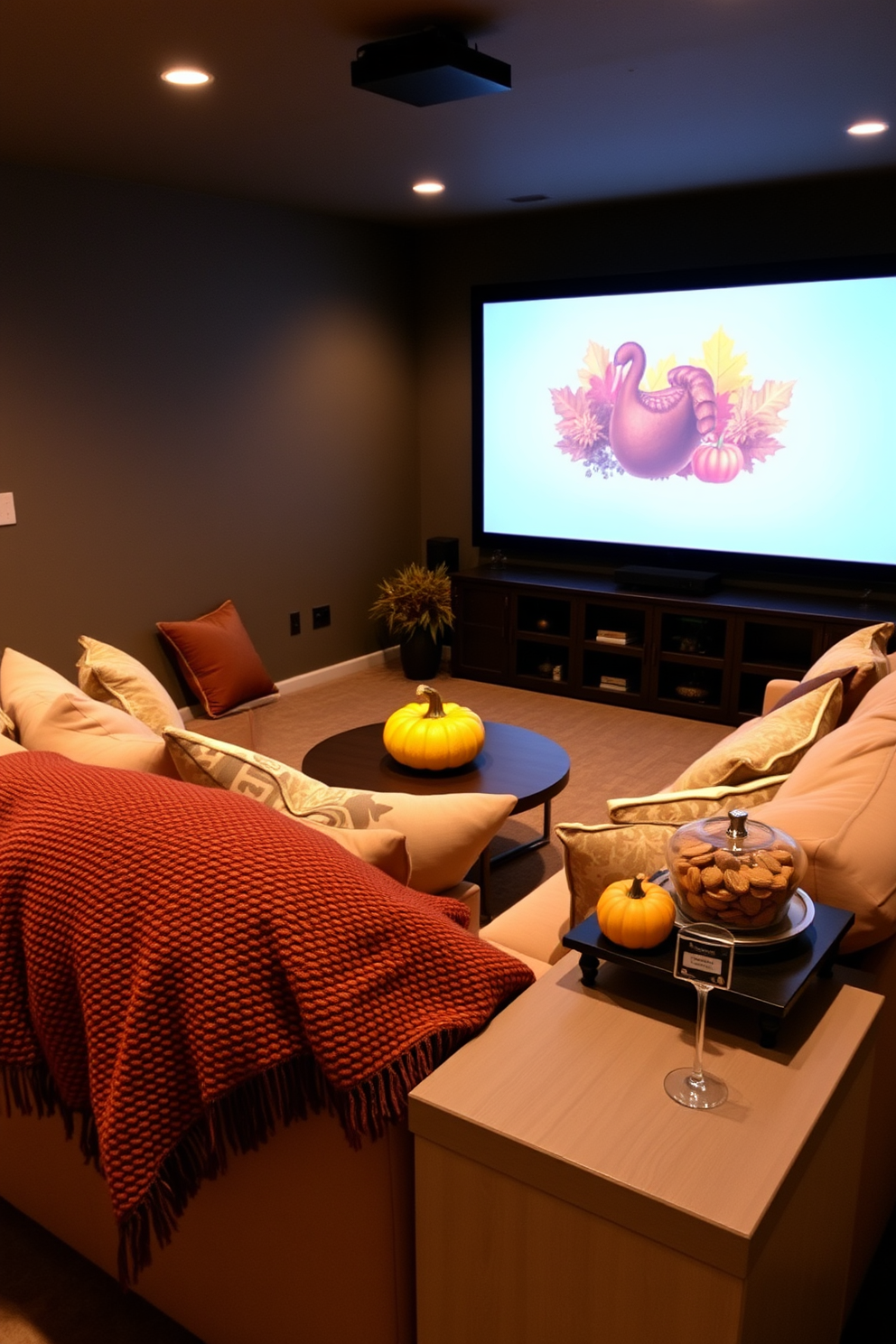 A cozy home theater setting perfect for Thanksgiving gatherings. The room features a large screen with plush seating arranged for comfort, adorned with warm throw blankets. Decorative elements include autumn-themed cushions and a popcorn station with festive treats. Soft ambient lighting enhances the inviting atmosphere, creating a perfect backdrop for seasonal trivia games.