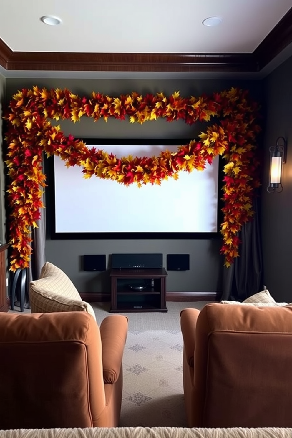 A cozy home theater adorned with fall foliage garlands draped around the screen. The warm colors of autumn leaves create an inviting atmosphere, complemented by plush seating and soft lighting.