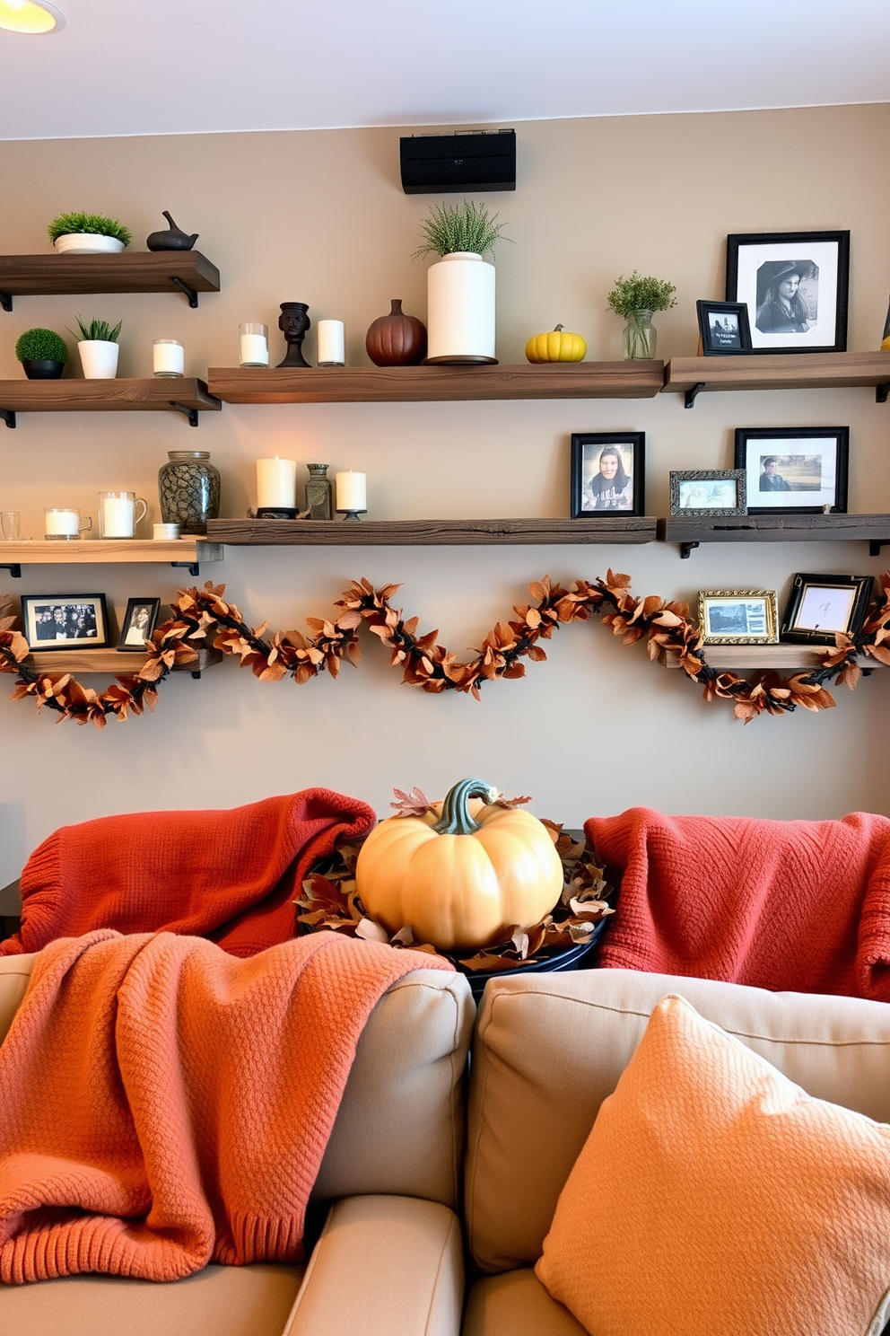 Rustic wooden shelves are mounted on the wall, displaying an array of decorative items including candles, small plants, and framed photos. The warm tones of the wood create a cozy atmosphere, complemented by soft lighting that enhances the inviting feel of the space. For Thanksgiving, the home theater is adorned with autumn-themed decorations, featuring a large pumpkin centerpiece and garlands of dried leaves. Plush throw blankets in rich earth tones are draped across the seating, inviting guests to relax and enjoy the festive movie night.