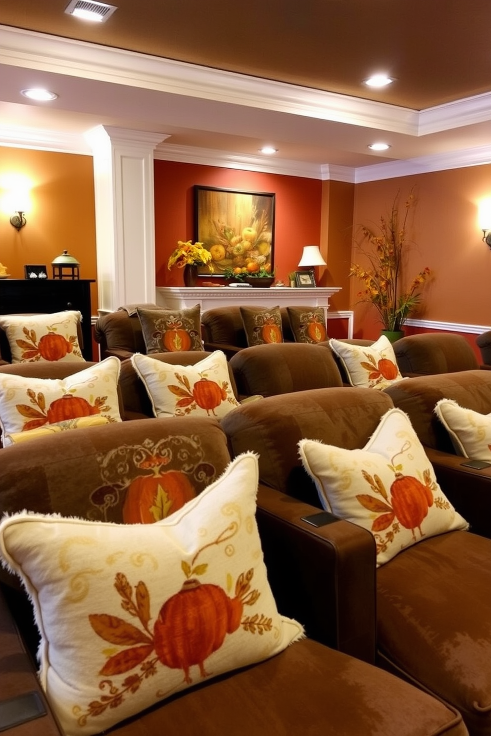 A cozy home theater adorned with plush cushions featuring Thanksgiving motifs. The walls are painted in warm autumn hues, and soft lighting creates an inviting atmosphere for family gatherings.