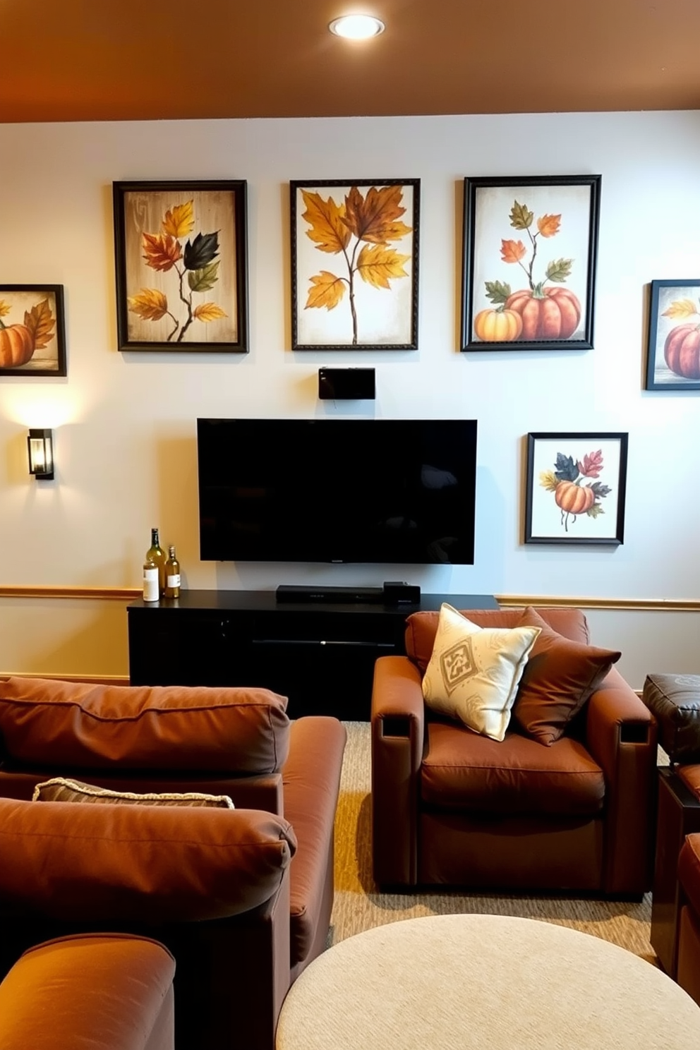 A cozy home theater adorned with harvest-themed wall art creates a warm and inviting atmosphere. The prints feature autumn leaves and pumpkins, enhancing the seasonal decor while providing a perfect backdrop for family gatherings. Plush seating in rich earth tones complements the artwork, making the space both comfortable and stylish. Soft lighting highlights the prints, ensuring they catch the eye without overwhelming the room's ambiance.