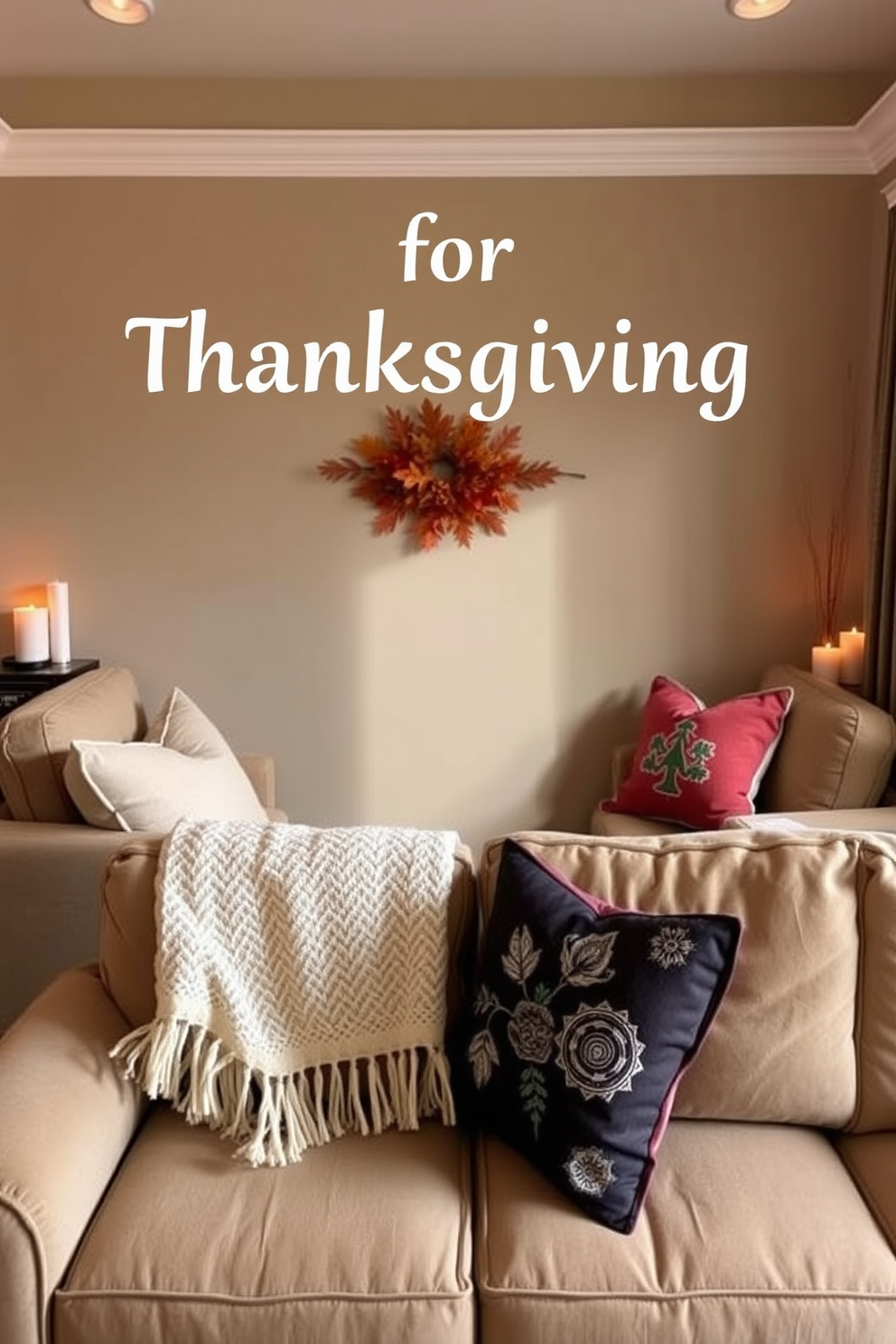 A cozy home theater setup for Thanksgiving features plush seating arranged for optimal viewing. Seasonal scented candles in warm autumn fragrances are strategically placed around the room to enhance the inviting atmosphere. The walls are adorned with soft, muted colors that complement the rich tones of the decor. A decorative throw blanket and festive cushions add a touch of seasonal charm to the space.