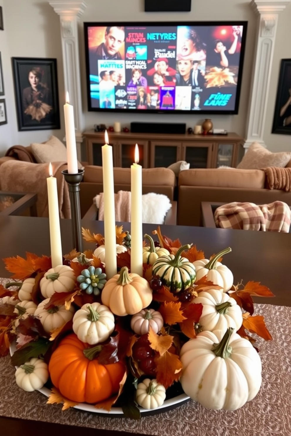 A beautifully arranged table centerpiece featuring an assortment of mini pumpkins in various sizes and colors. The pumpkins are nestled among autumn leaves and accompanied by candles of different heights to create a warm, inviting atmosphere. A cozy home theater decorated for Thanksgiving with plush seating and soft throw blankets. The walls are adorned with seasonal artwork and a large screen displays classic holiday movies for a festive movie night experience.