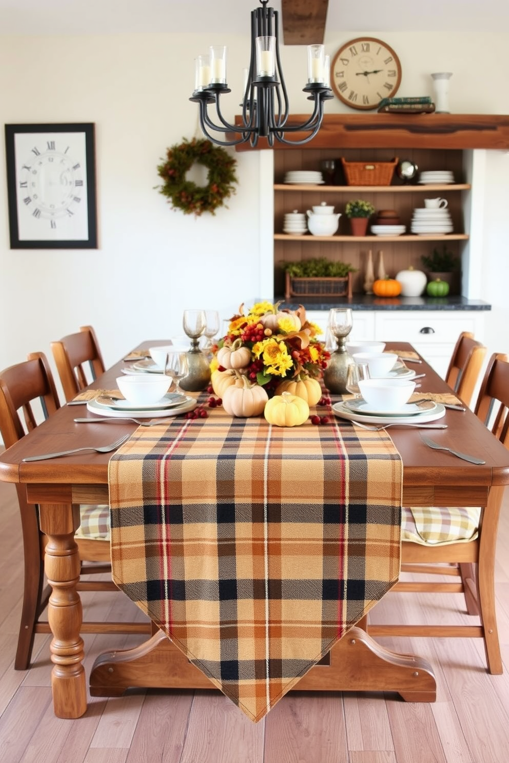 A cozy kitchen setting adorned with a plaid table runner that stretches across a rustic wooden dining table. The table is set with elegant dishware, seasonal decorations like small pumpkins, and a centerpiece of autumn flowers.