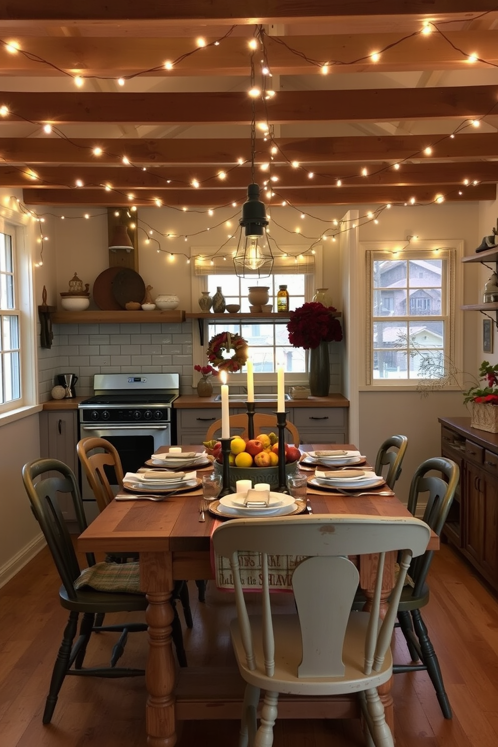 A cozy kitchen adorned with string lights creating a warm ambiance. The lights are draped elegantly across the ceiling beams, casting a soft glow over the rustic wooden dining table set for Thanksgiving. The table is beautifully decorated with a centerpiece of seasonal fruits and candles. Surrounding the table, mismatched chairs add charm, while autumn-themed decorations enhance the festive atmosphere.