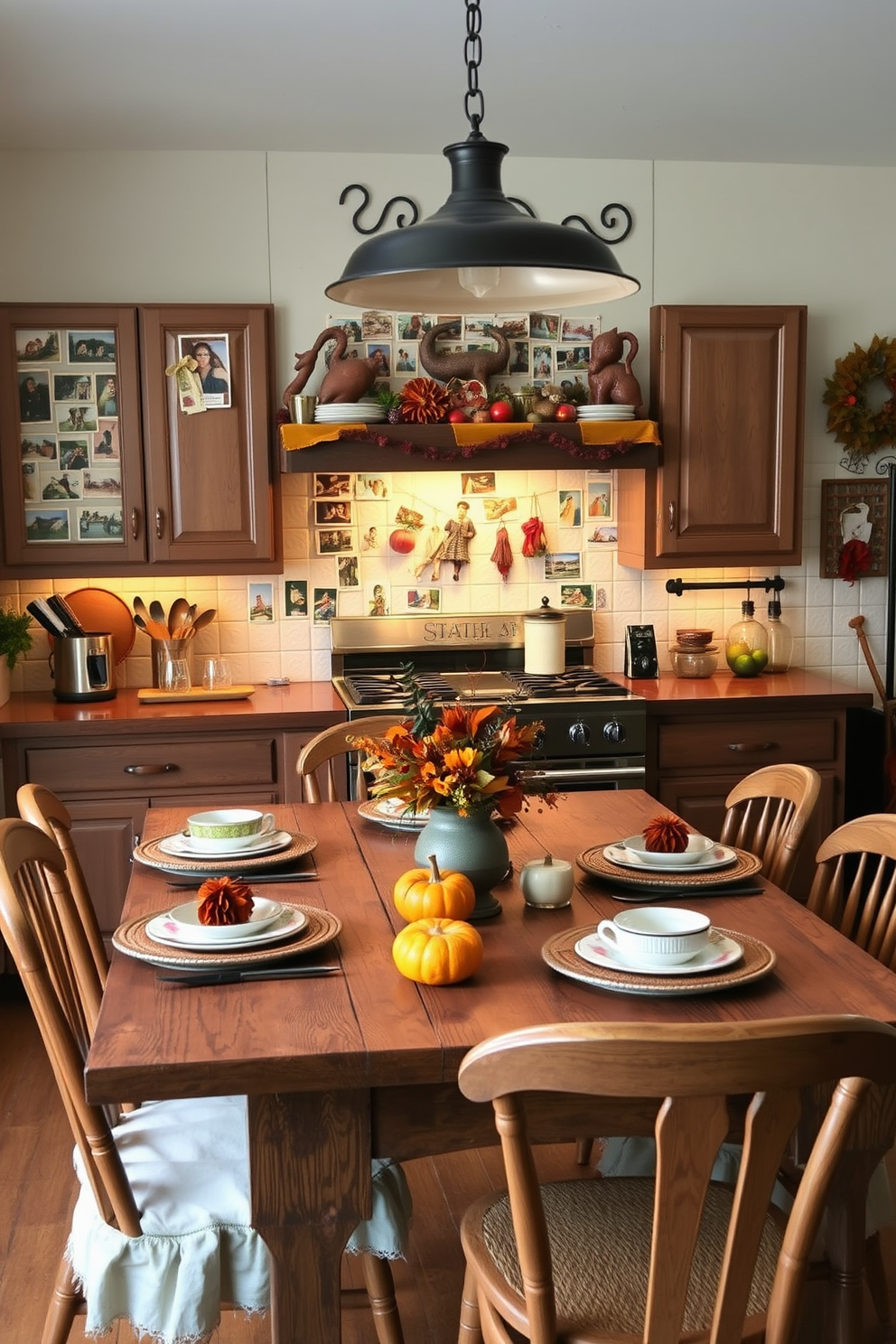 A cozy kitchen adorned with vintage Thanksgiving postcards as decor. The postcards are strategically placed on the walls, creating a warm and nostalgic atmosphere. A rustic wooden table is set for a Thanksgiving feast, featuring autumn-themed centerpieces and traditional dishware. Warm lighting enhances the inviting ambiance, making the kitchen a perfect gathering spot for family and friends.