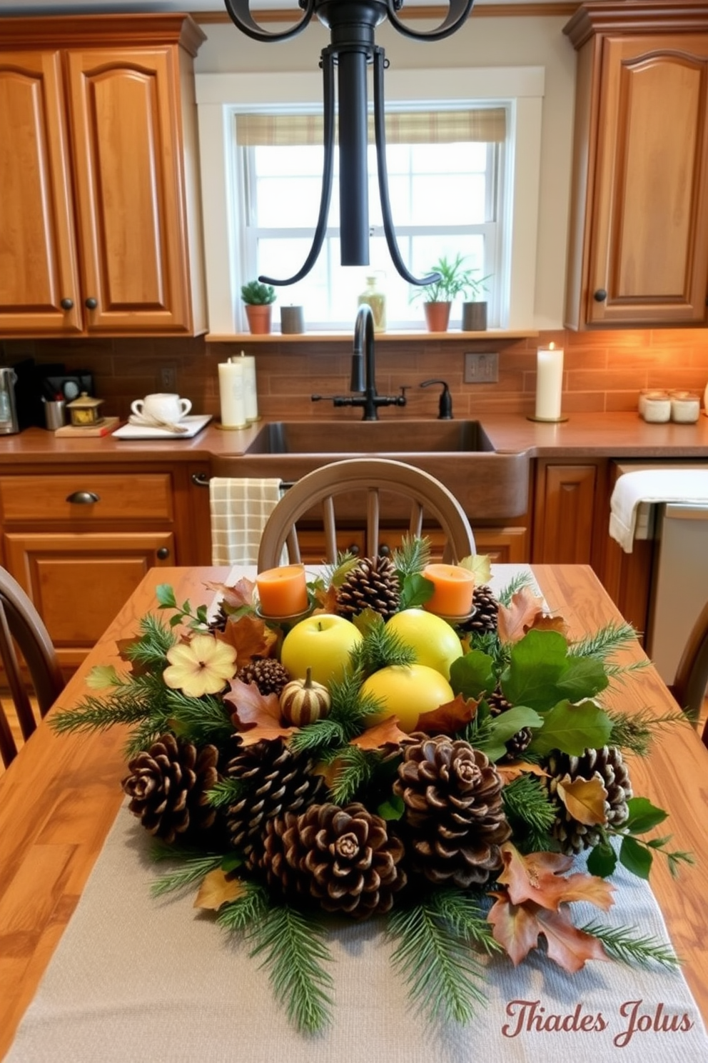 A cozy kitchen adorned with natural elements for Thanksgiving. Pinecones and leaves are artfully arranged on the dining table, complemented by warm, earthy tones throughout the space. The kitchen features wooden cabinets and a rustic farmhouse sink. A centerpiece of seasonal fruits and a few candles adds a touch of warmth and festivity to the atmosphere.