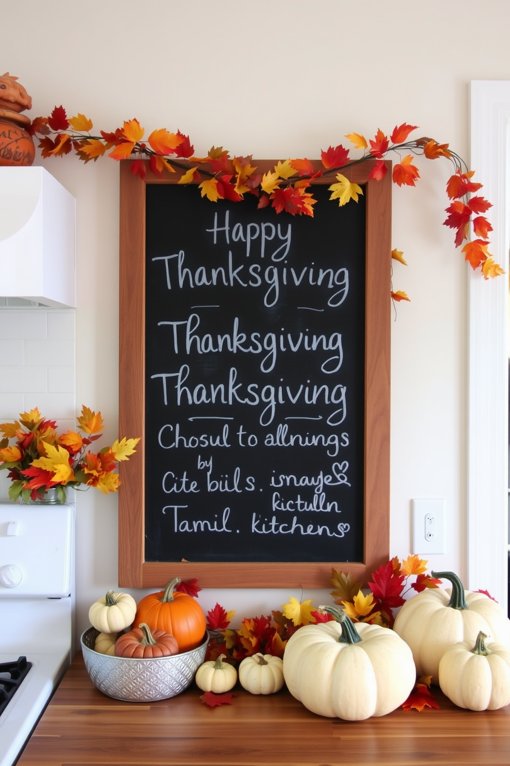 A cozy Thanksgiving kitchen scene featuring mason jars filled with vibrant autumn spices. The jars are arranged on a rustic wooden shelf adorned with fall leaves and small pumpkins.